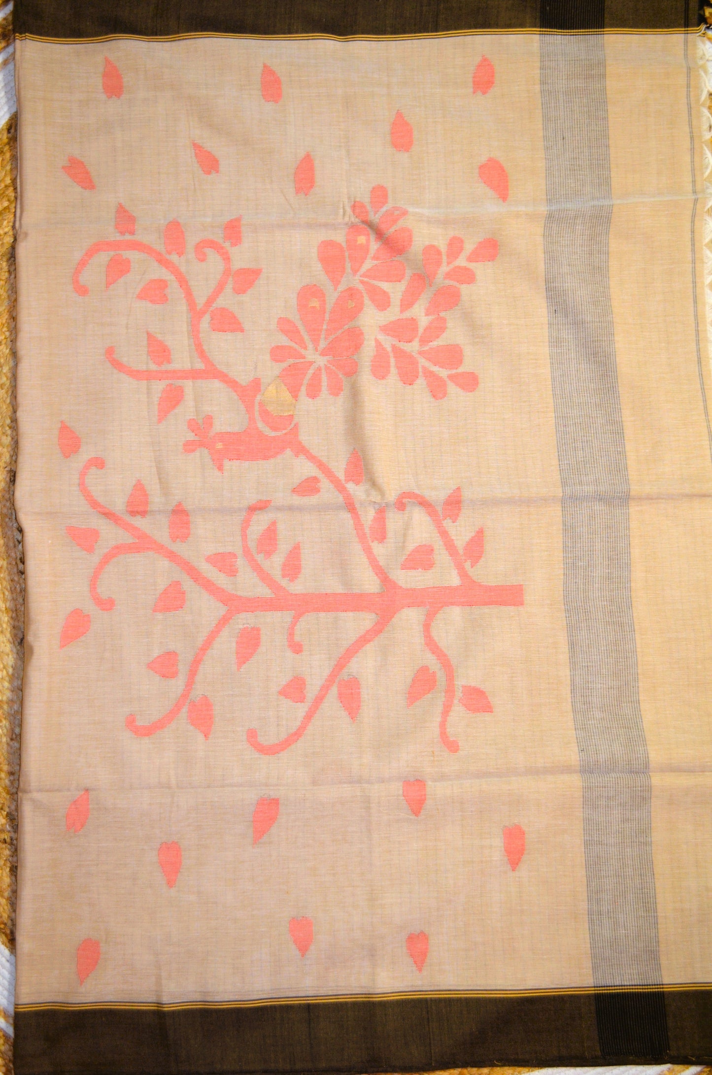Dark Beige Buttery Mul Cotton Bengal Jamdani Handloom Saree