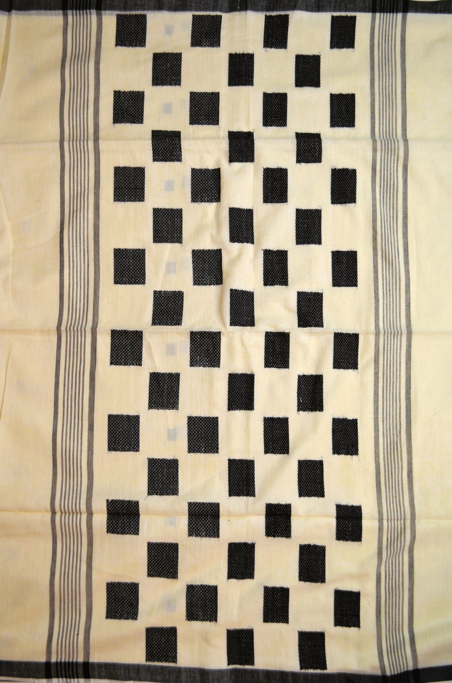 Cream Black Buttery Mul Cotton Bengal Muslin Tangail Handloom Designer Saree