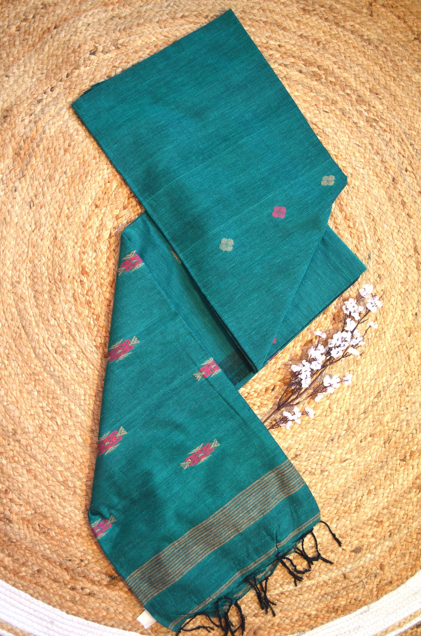 Dark Teal Buttery Mul Cotton Bengal Muslin Handloom Saree