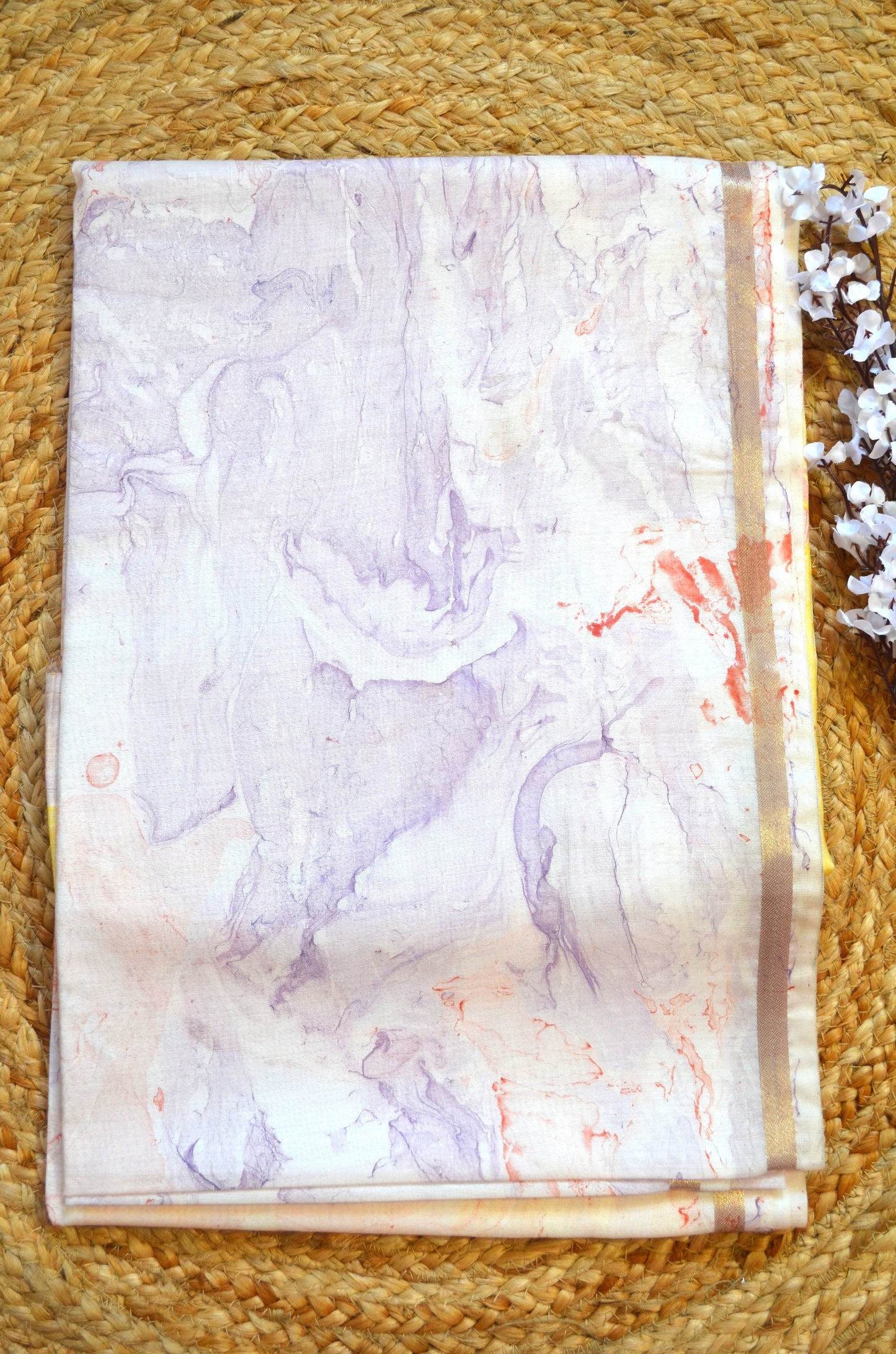 White Marble Print Vegan Silk Handloom Saree
