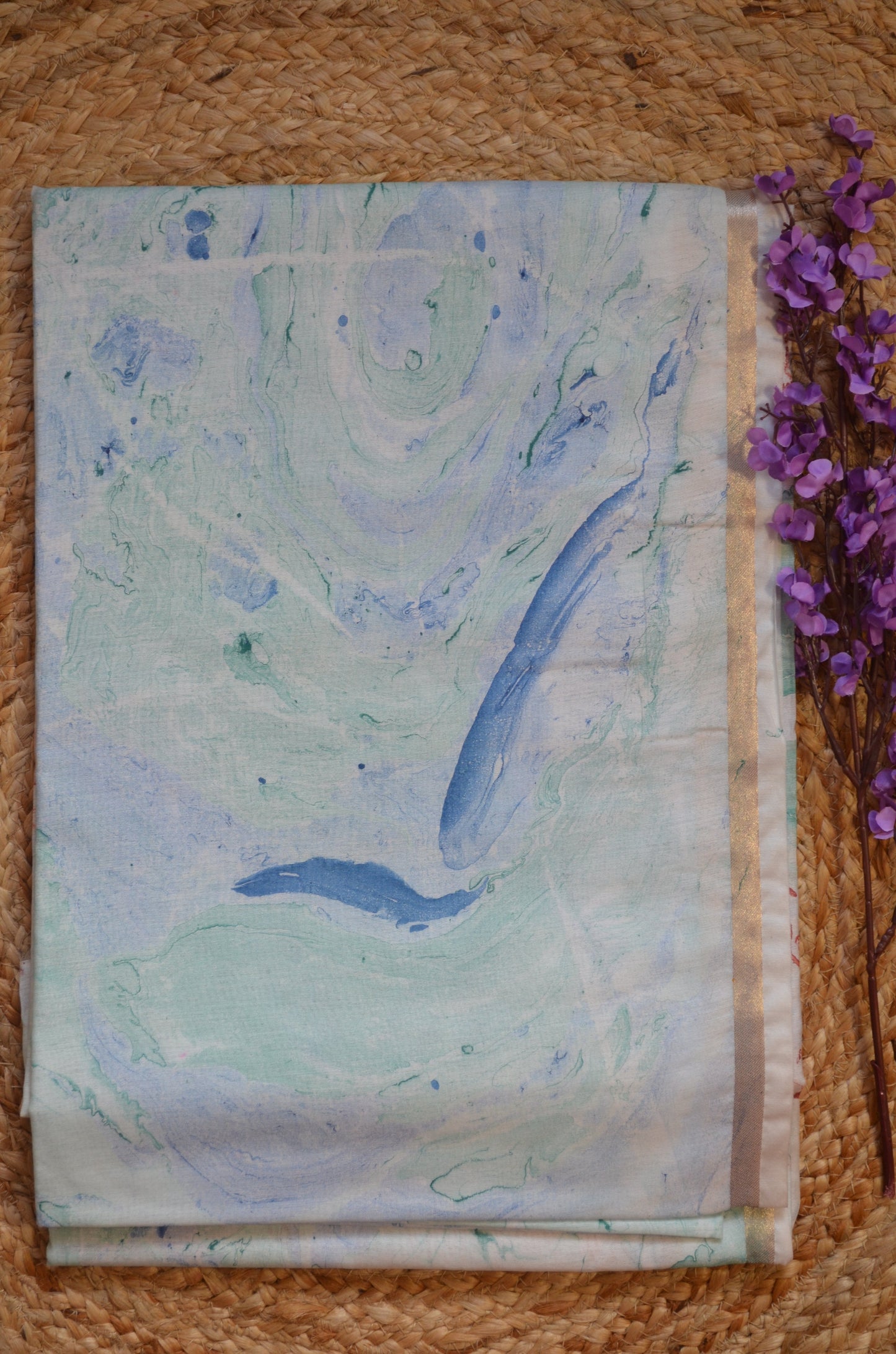White Marble Print Vegan Silk Handloom Saree