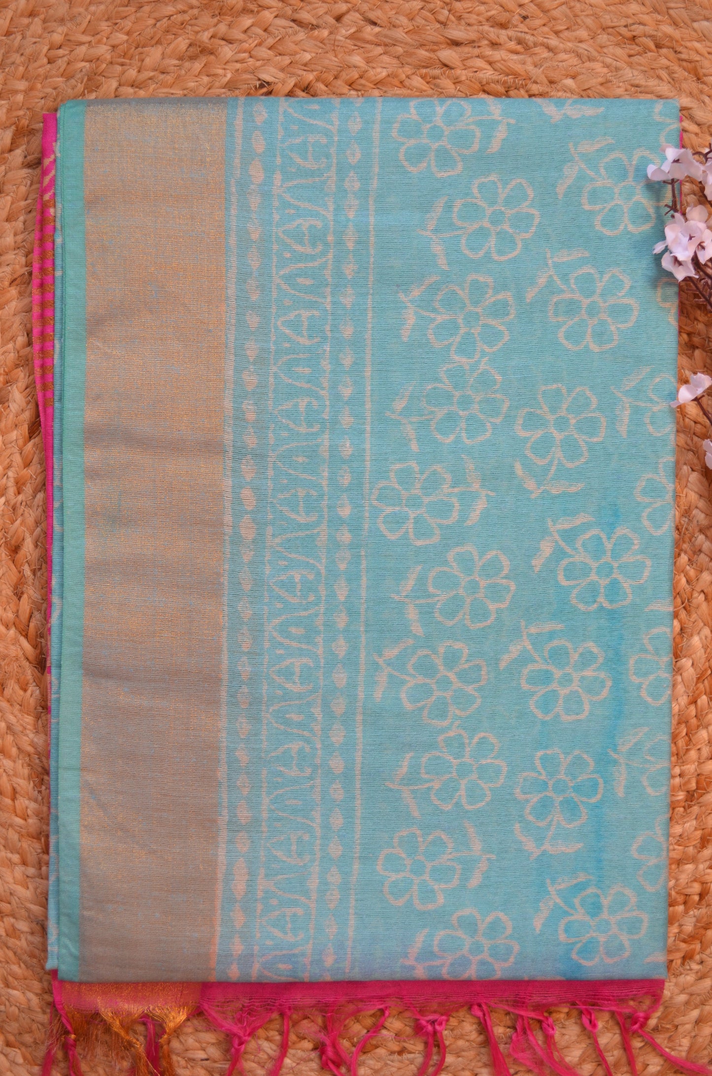 Cyan Magenta Bapta Print Vegan Silk Handloom Saree
