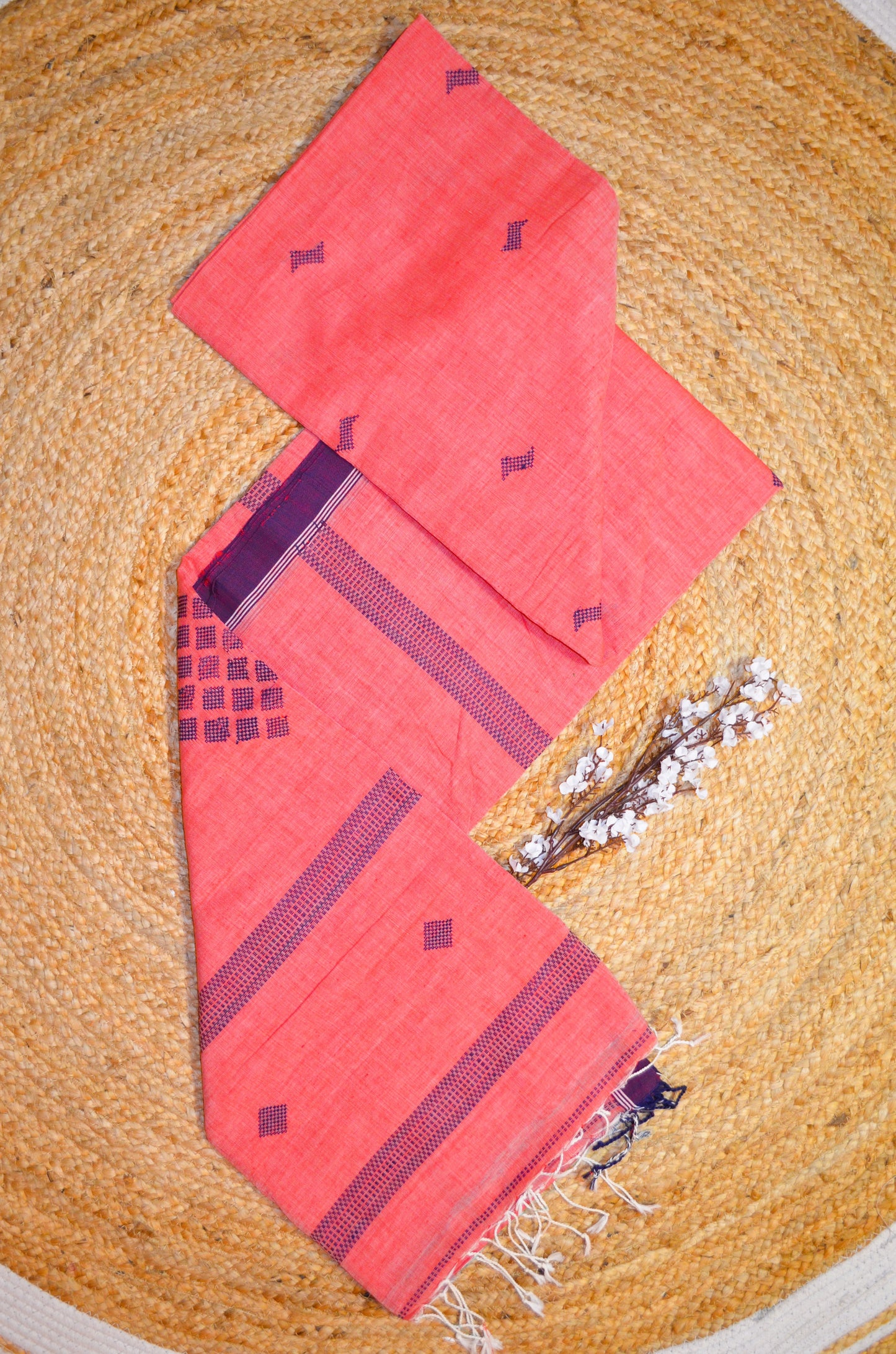 Dark Peach Buttery Mul Cotton Bengal Muslin Handloom Saree