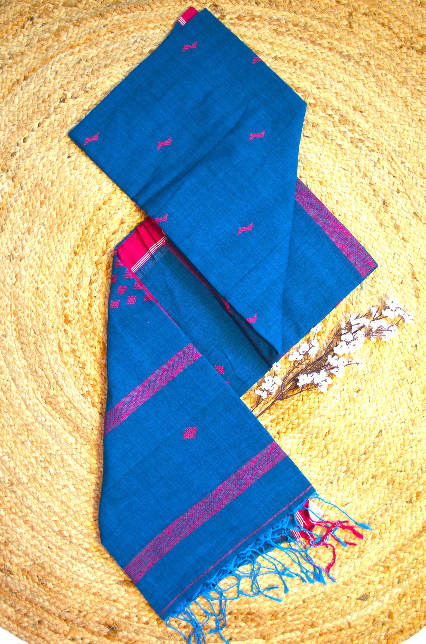 Peacock Blue Buttery Mul Cotton Bengal Muslin Handloom Saree