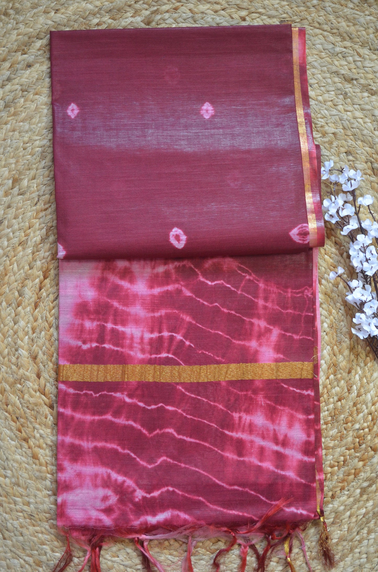Maroon Shibori Vegan Silk Handloom Saree