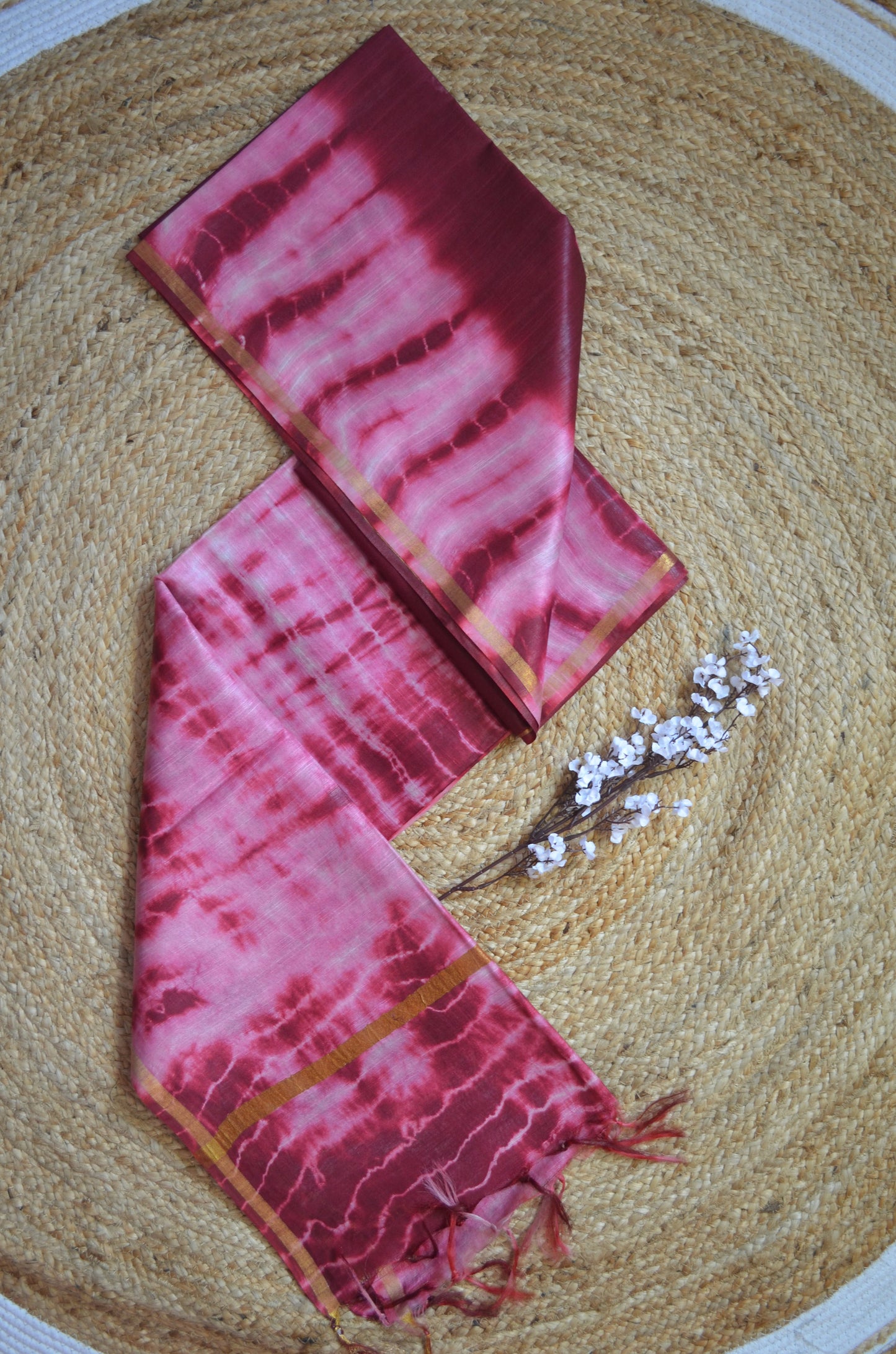 Maroon Shibori Vegan Silk Handloom Saree