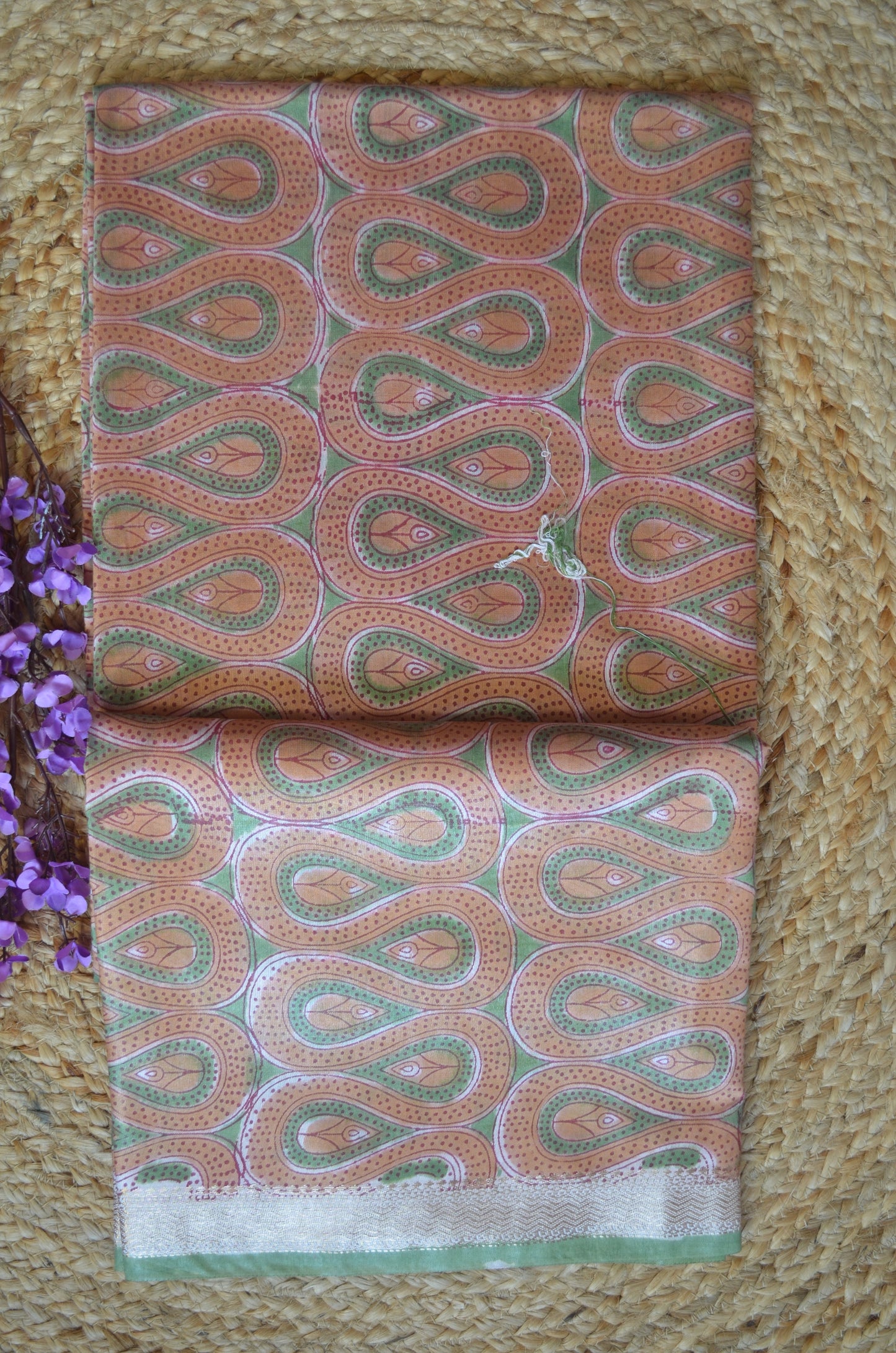 Rust Olive Maheshwari Block Print Vegan Silk Handloom Saree