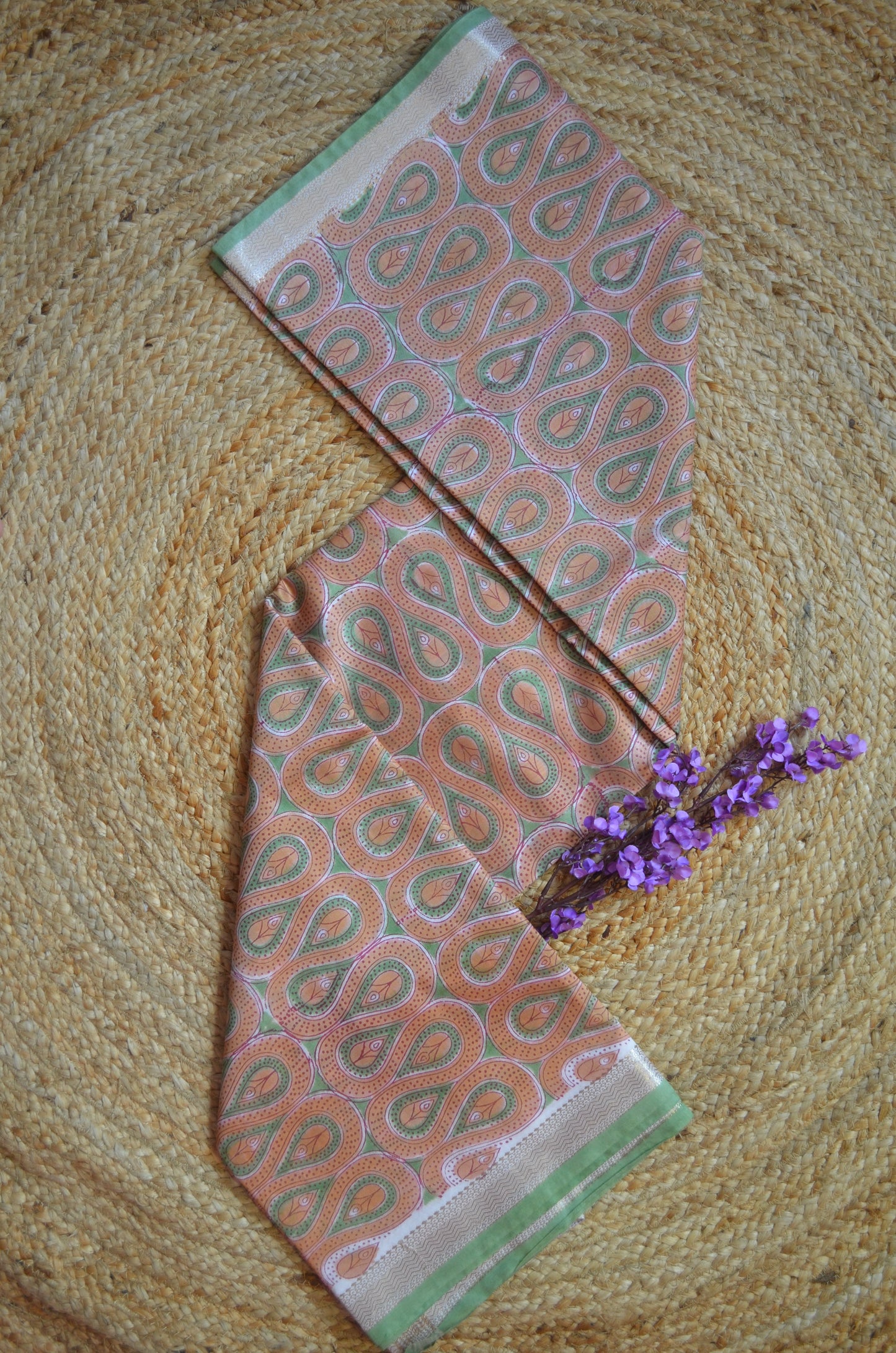 Rust Olive Maheshwari Block Print Vegan Silk Handloom Saree