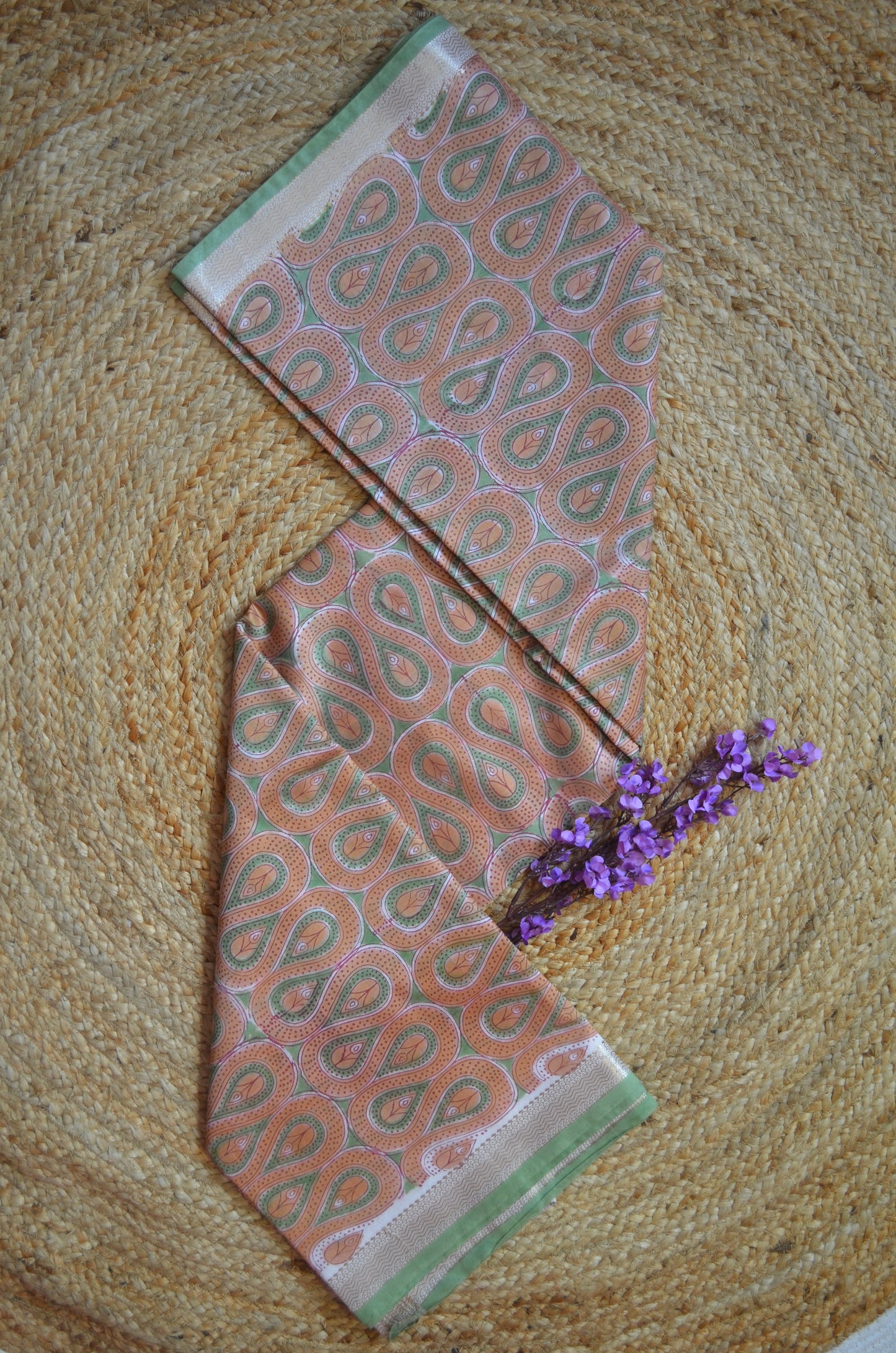 Rust Olive Maheshwari Block Print Vegan Silk Handloom Saree