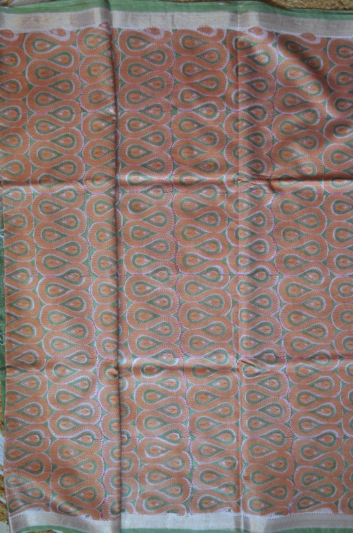 Rust Olive Maheshwari Block Print Vegan Silk Handloom Saree