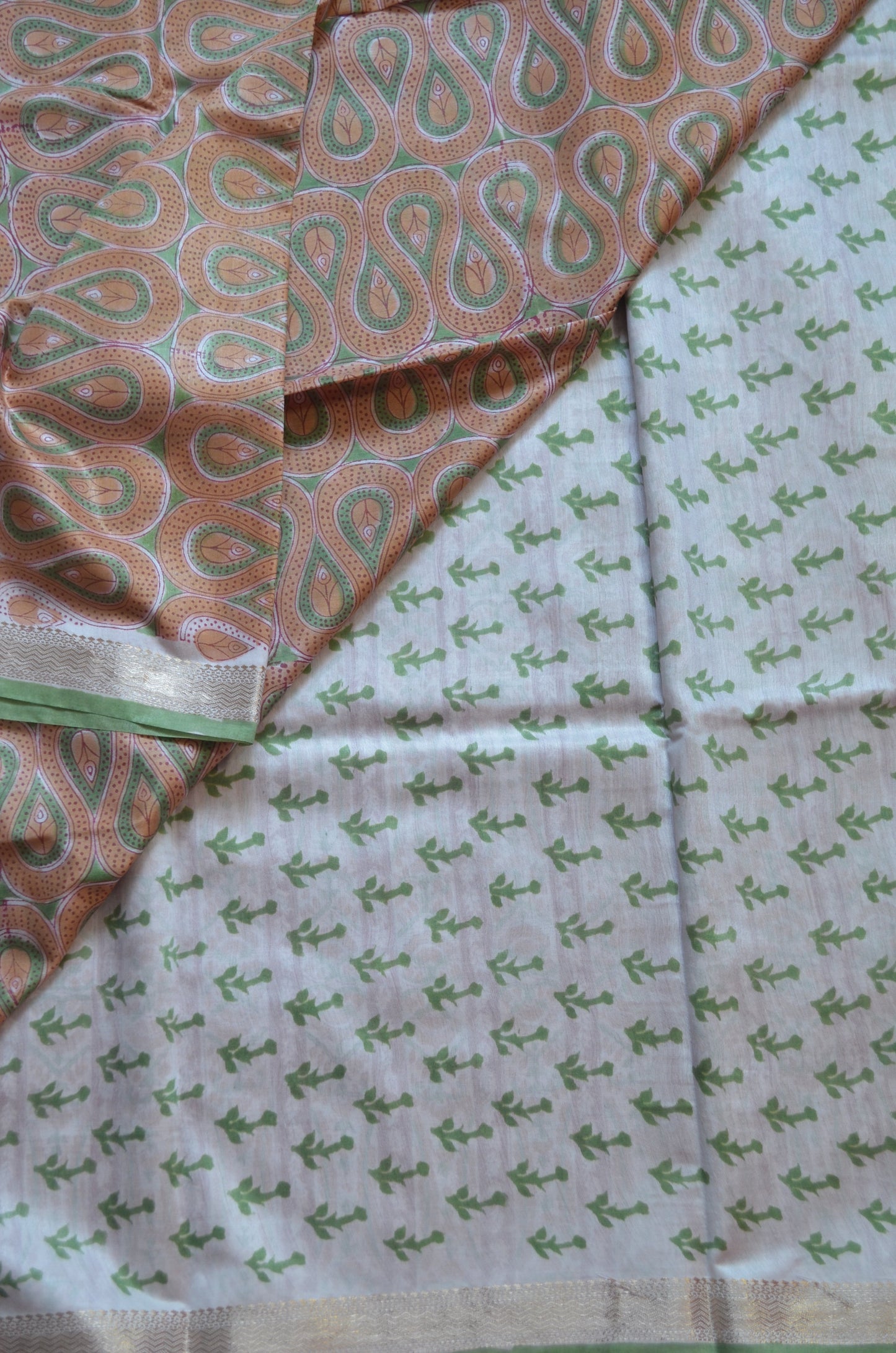 Rust Olive Maheshwari Block Print Vegan Silk Handloom Saree