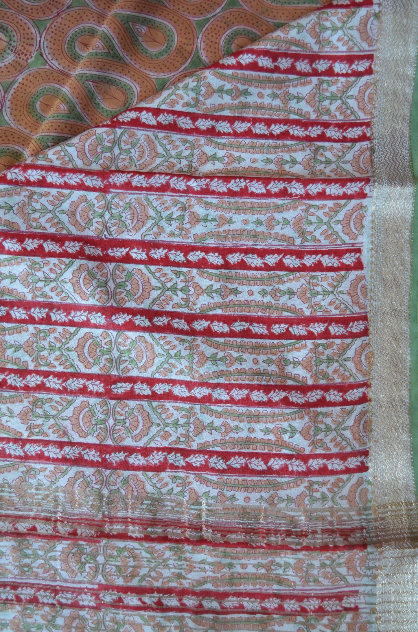 Rust Olive Maheshwari Block Print Vegan Silk Handloom Saree