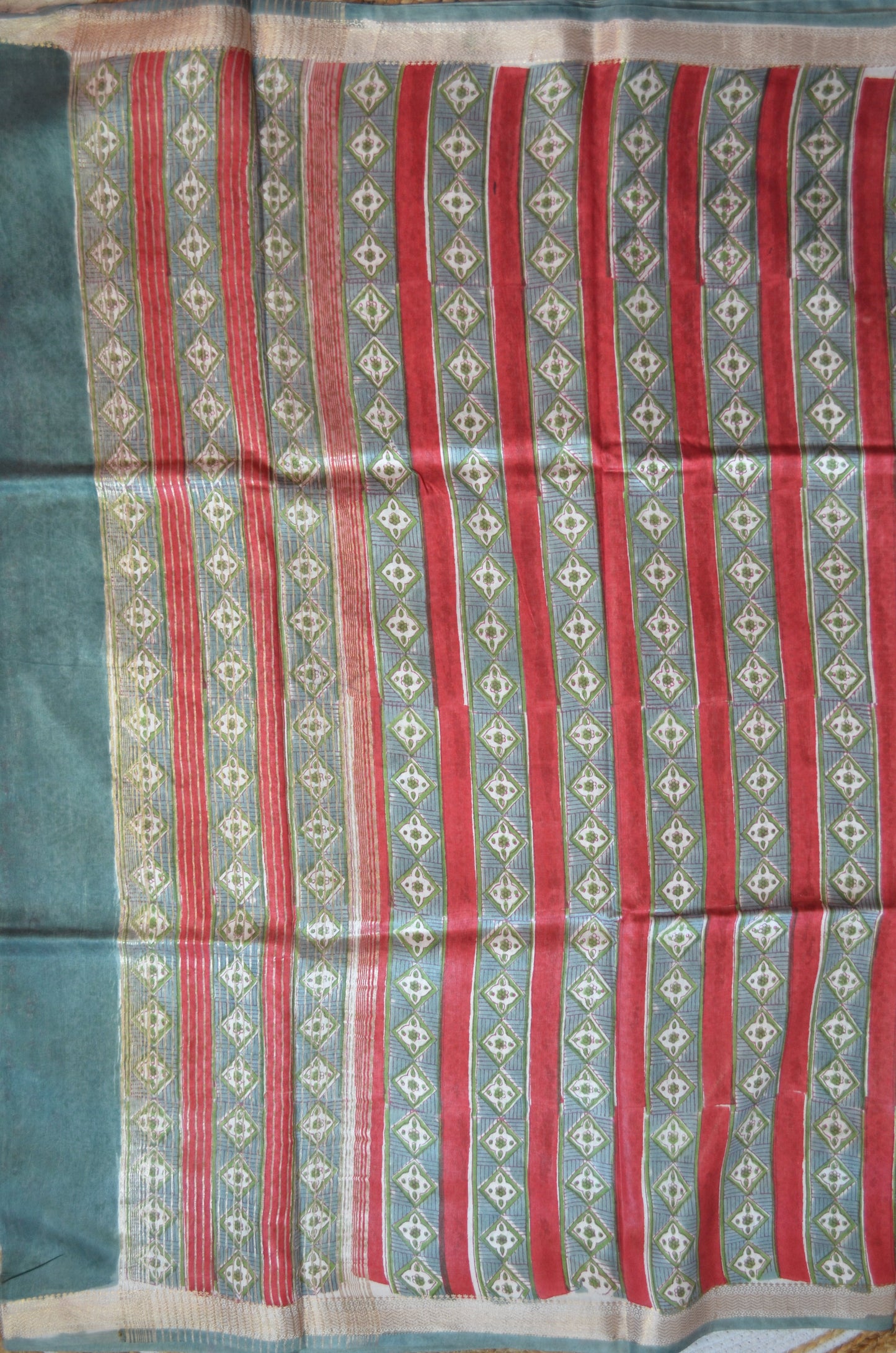 Grey Seafoam Maheshwari Block Print Vegan Silk Handloom Saree