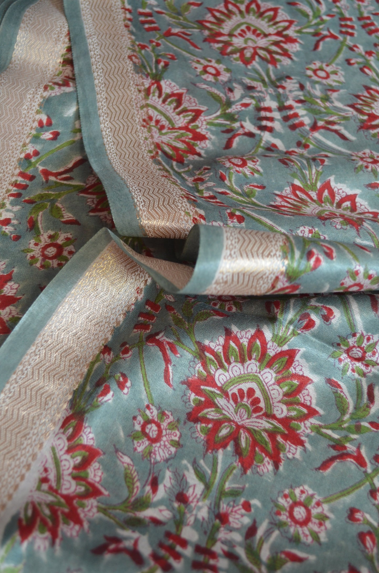 Grey Seafoam Maheshwari Block Print Vegan Silk Handloom Saree