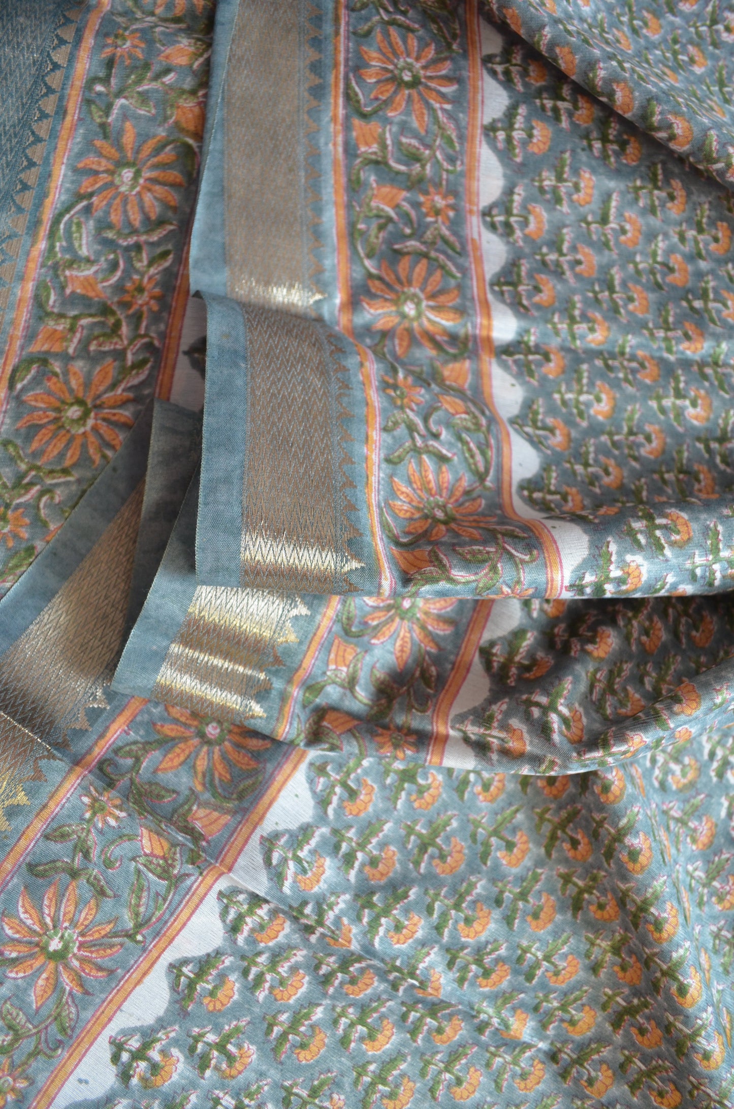 Grey Seafoam Maheshwari Block Print Vegan Silk Handloom Saree