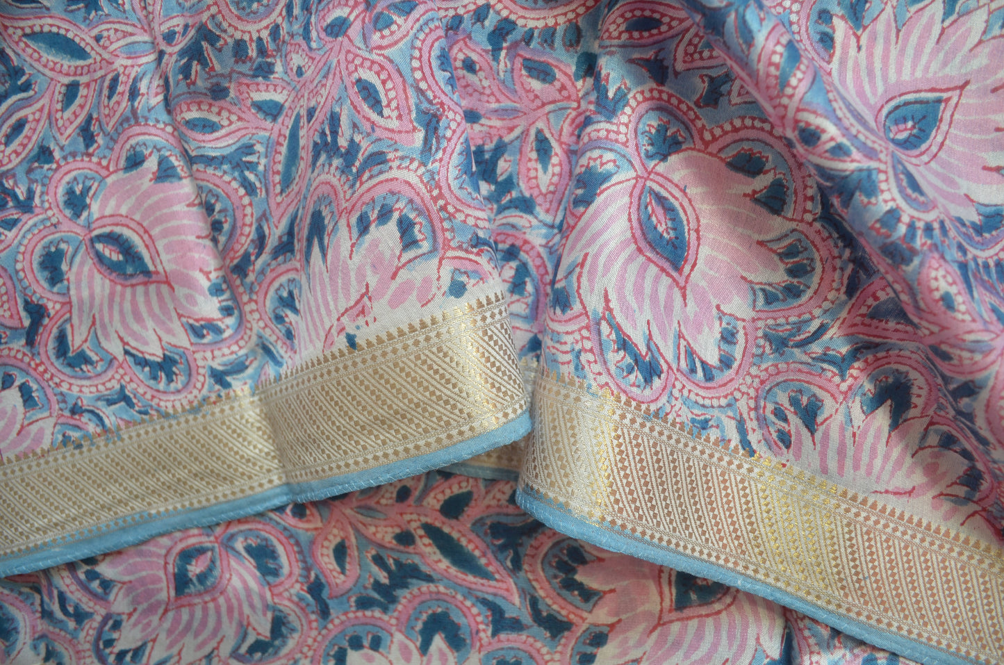 Slate Blue Maheshwari Block Print Vegan Silk Handloom Saree