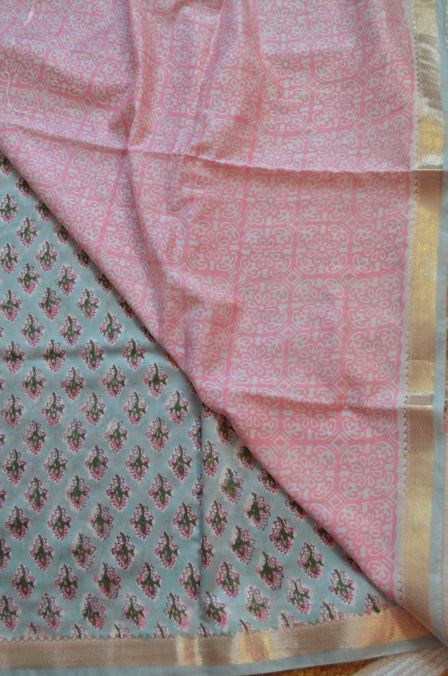 Grey Maheshwari Block Print Vegan Silk Handloom Saree