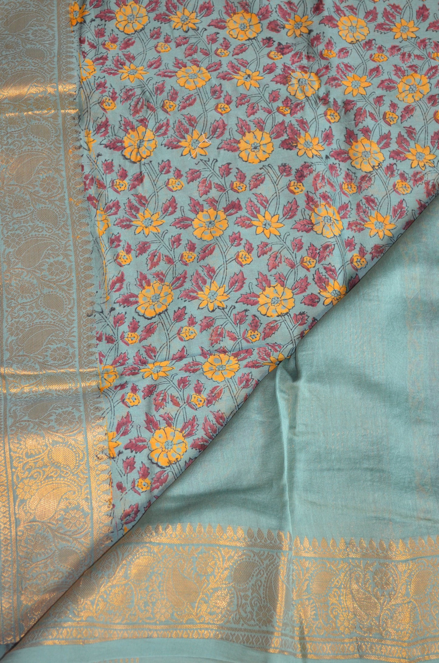 Grey Seafoam Kalamkari Vegan Silk Handloom Saree