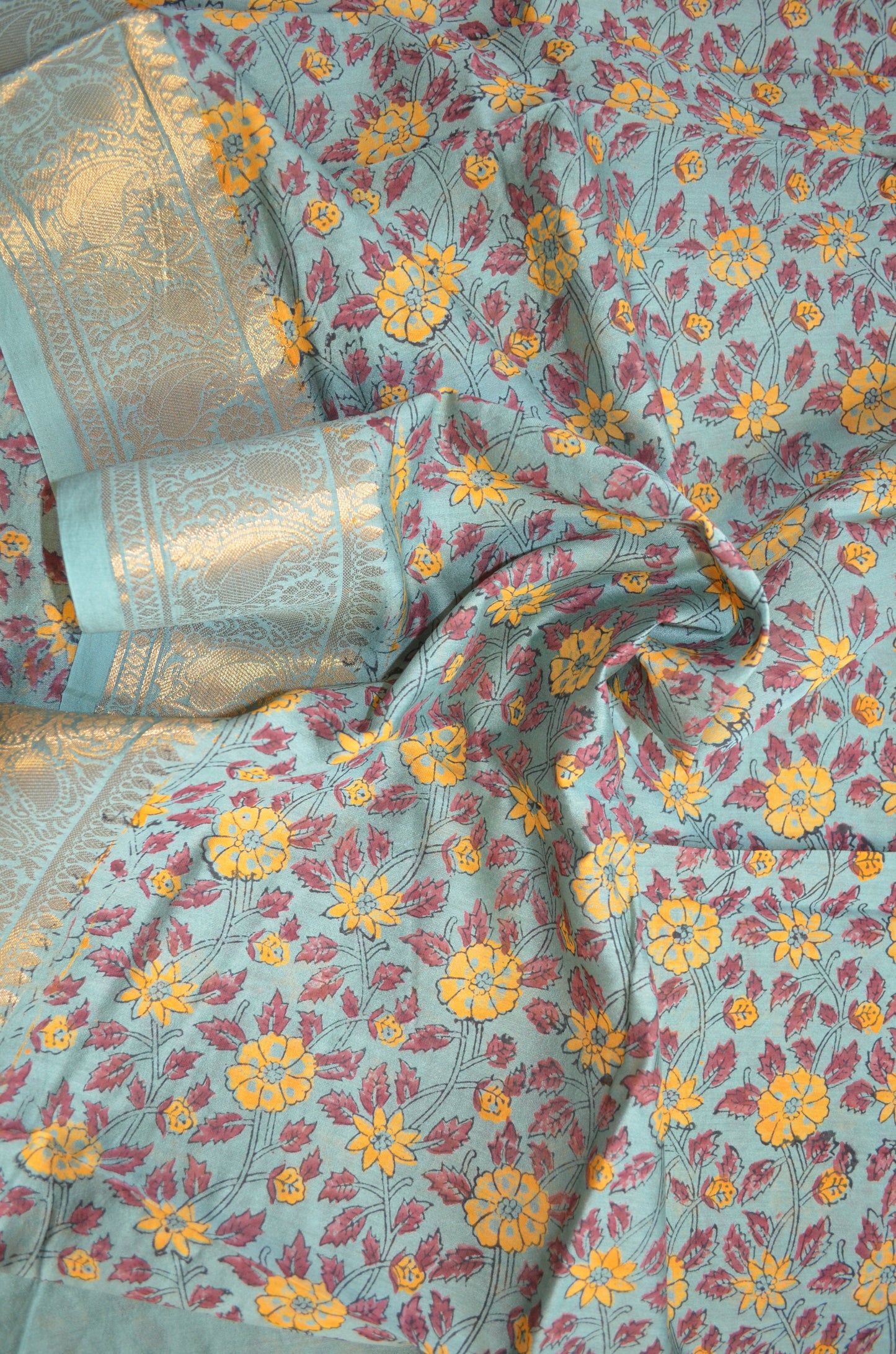 Grey Seafoam Kalamkari Vegan Silk Handloom Saree
