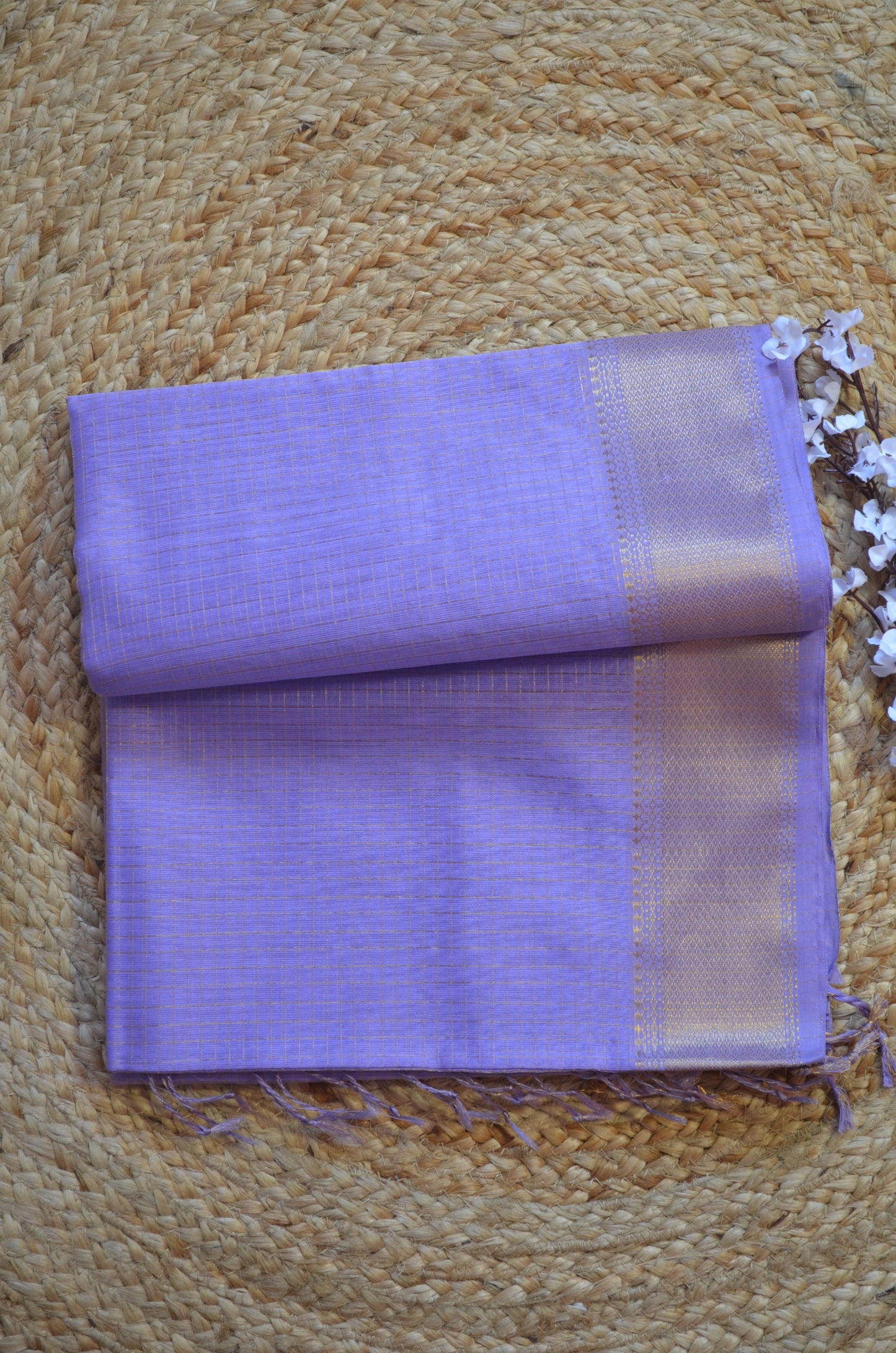 Lavender Maheshwari Pure Silk Handloom Saree with Metal Zari Checks