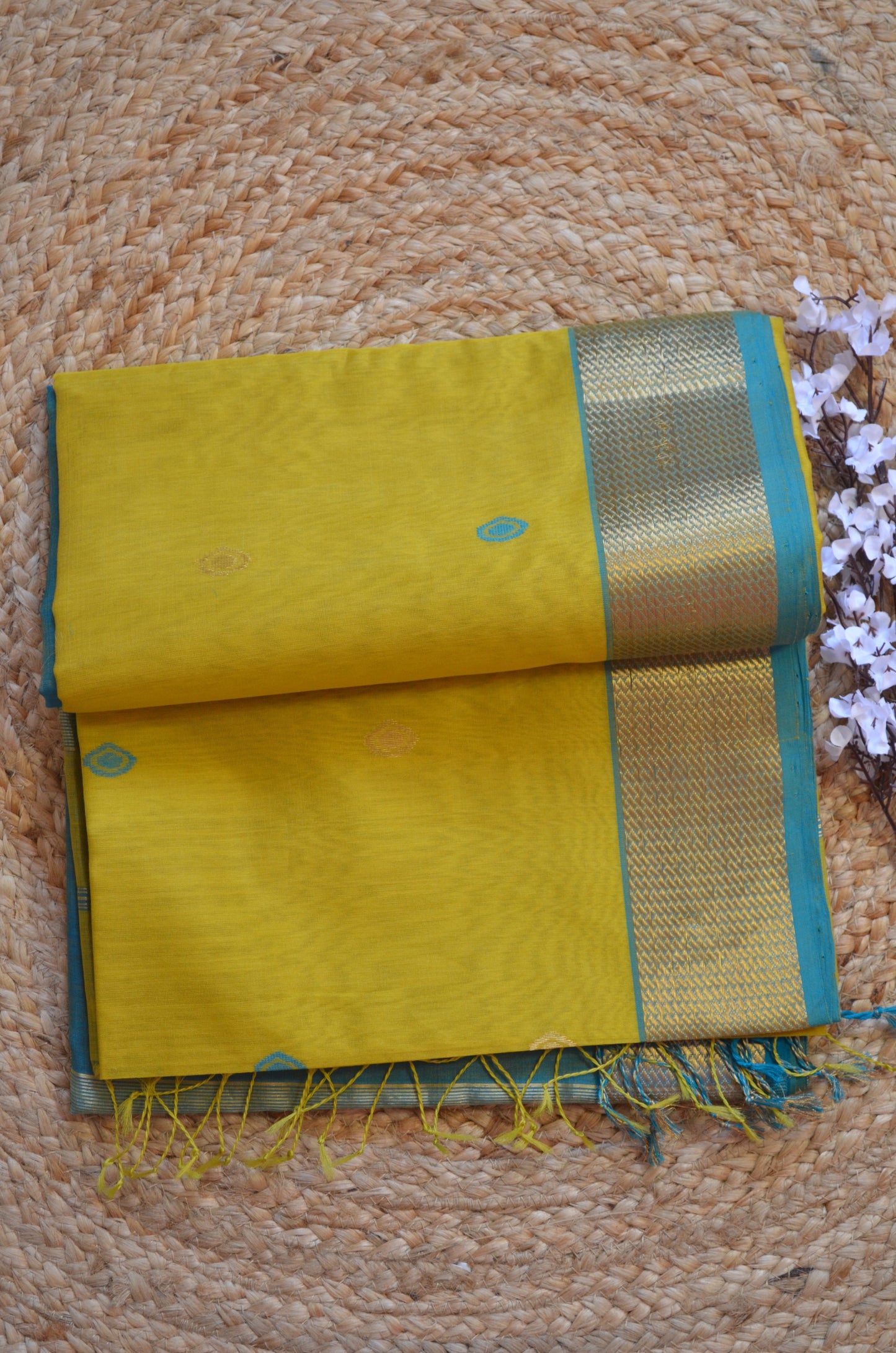 Marigold Yellow Maheshwari Pure Silk Handloom Saree with Metal Zari