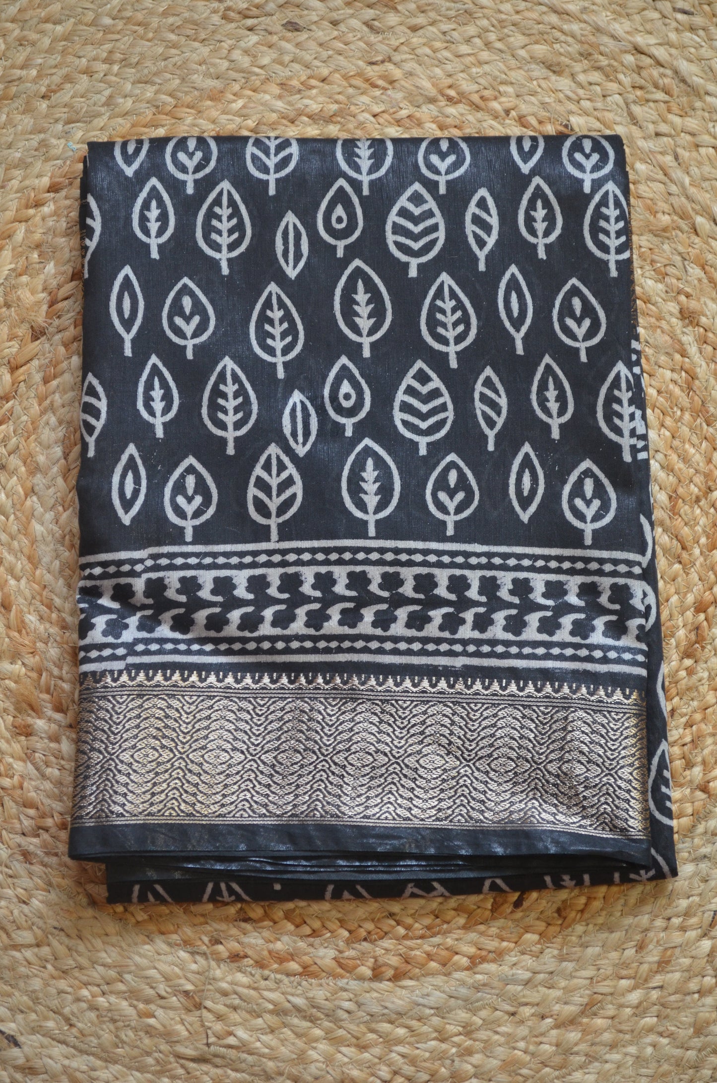 Black Block Print Maheshwari Vegan Silk Saree