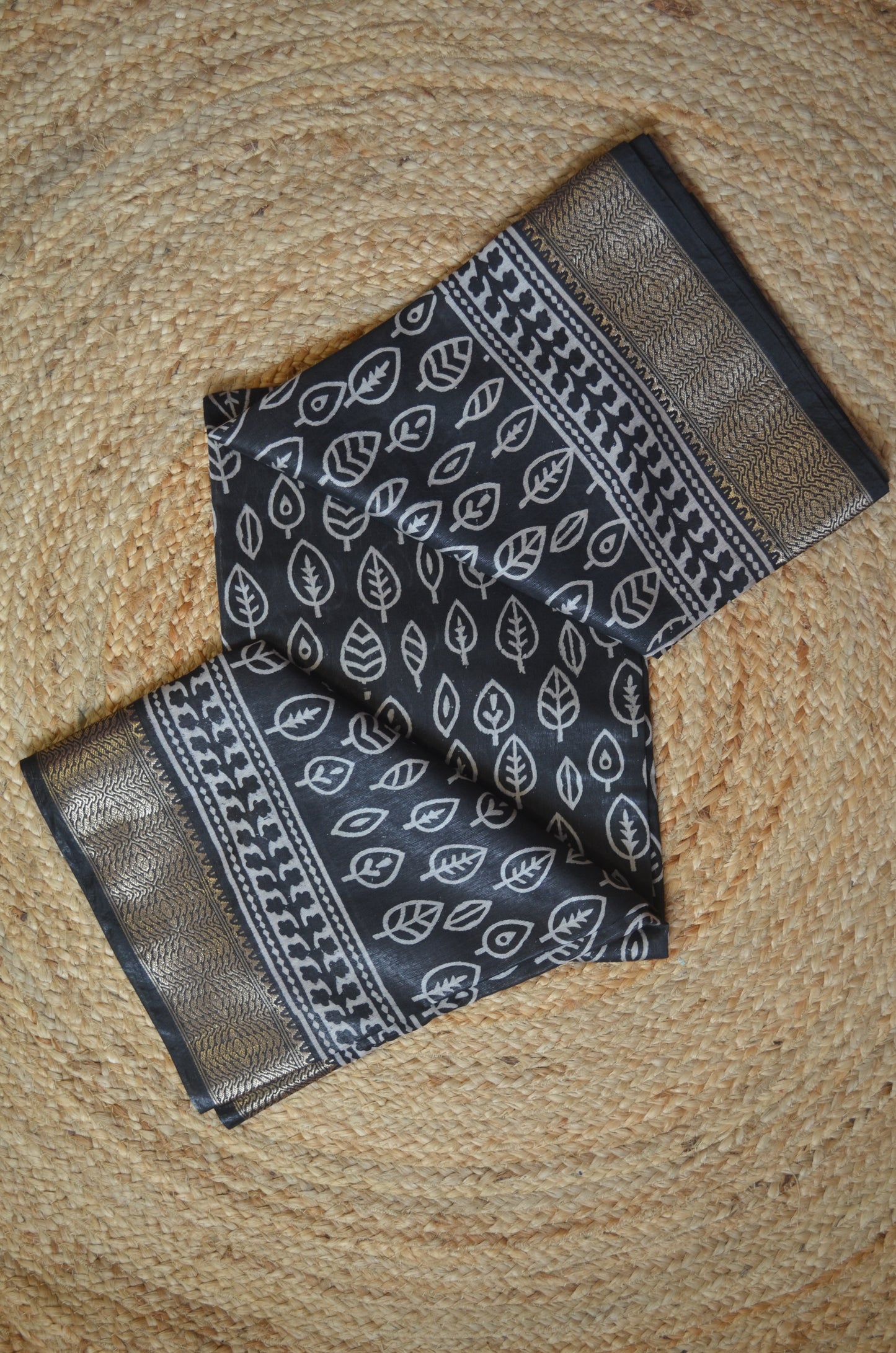 Black Block Print Maheshwari Vegan Silk Saree