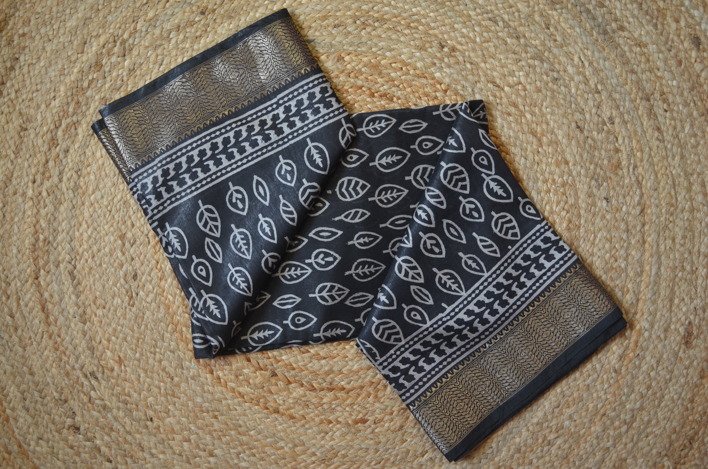 Black Block Print Maheshwari Vegan Silk Saree