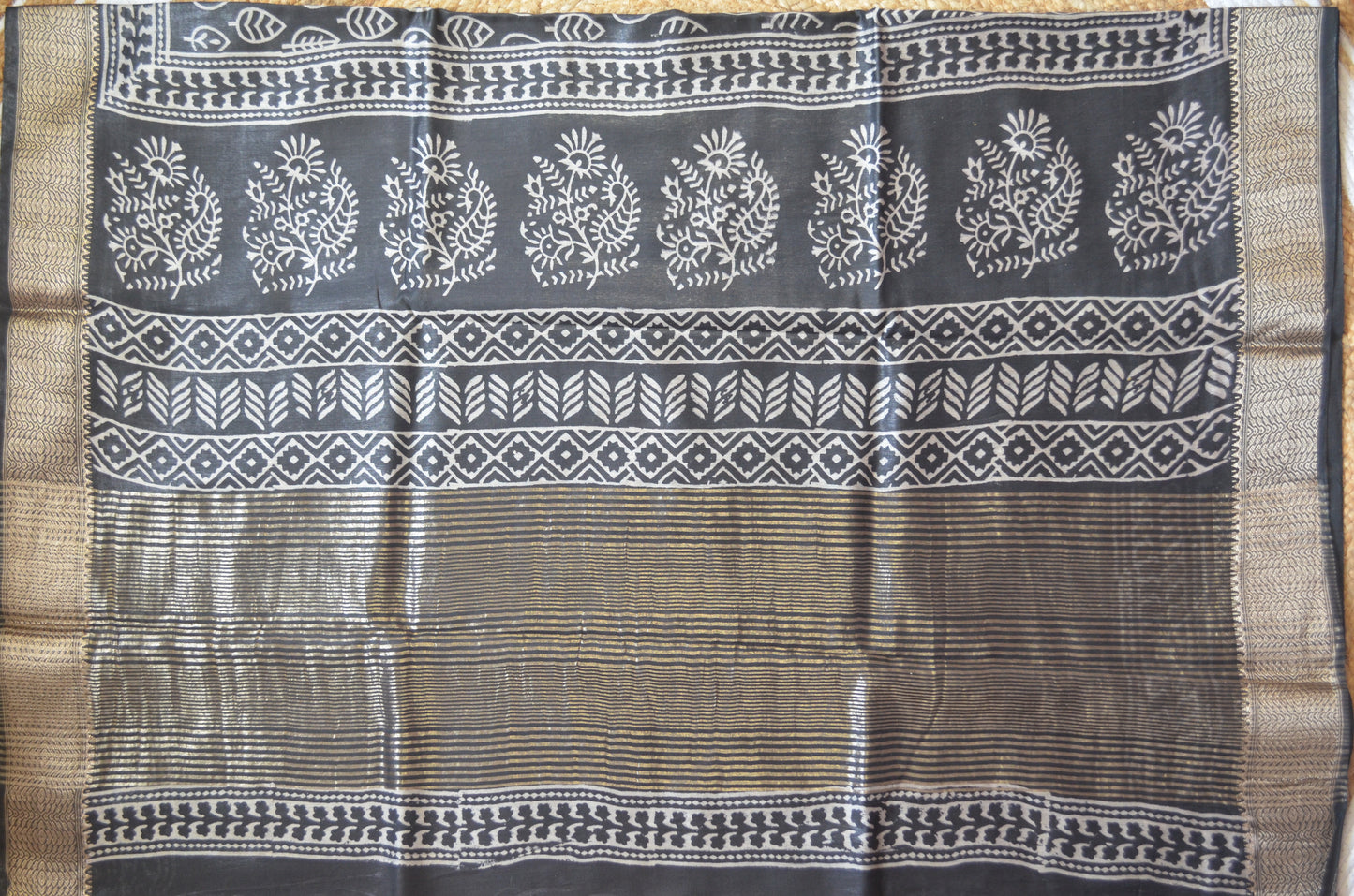 Black Block Print Maheshwari Vegan Silk Saree