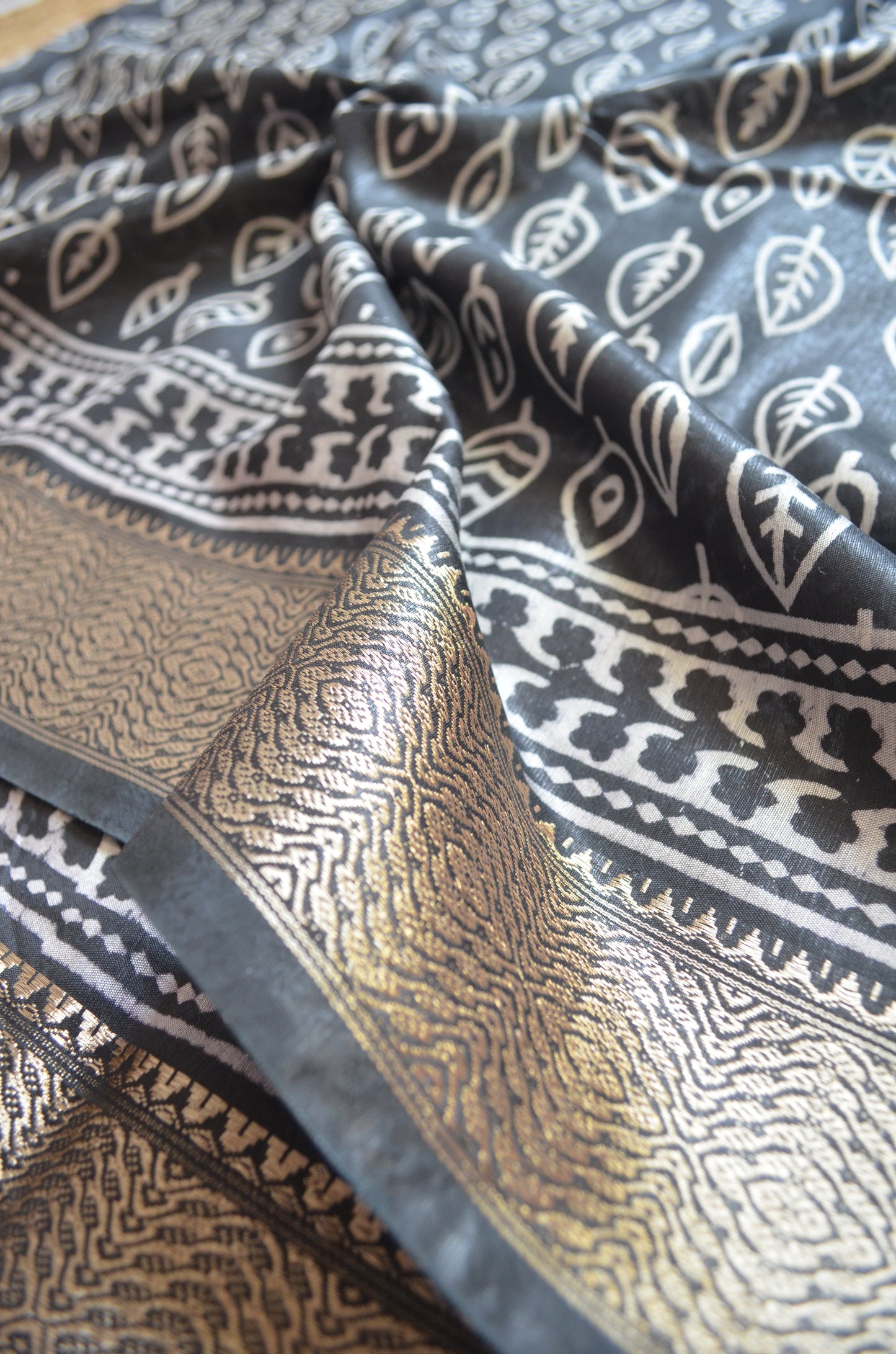 Black Block Print Maheshwari Vegan Silk Saree