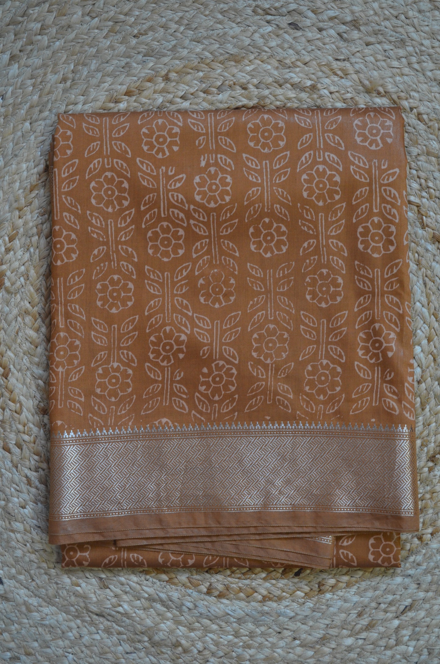 Ochre Block Print Maheshwari Vegan Silk Saree