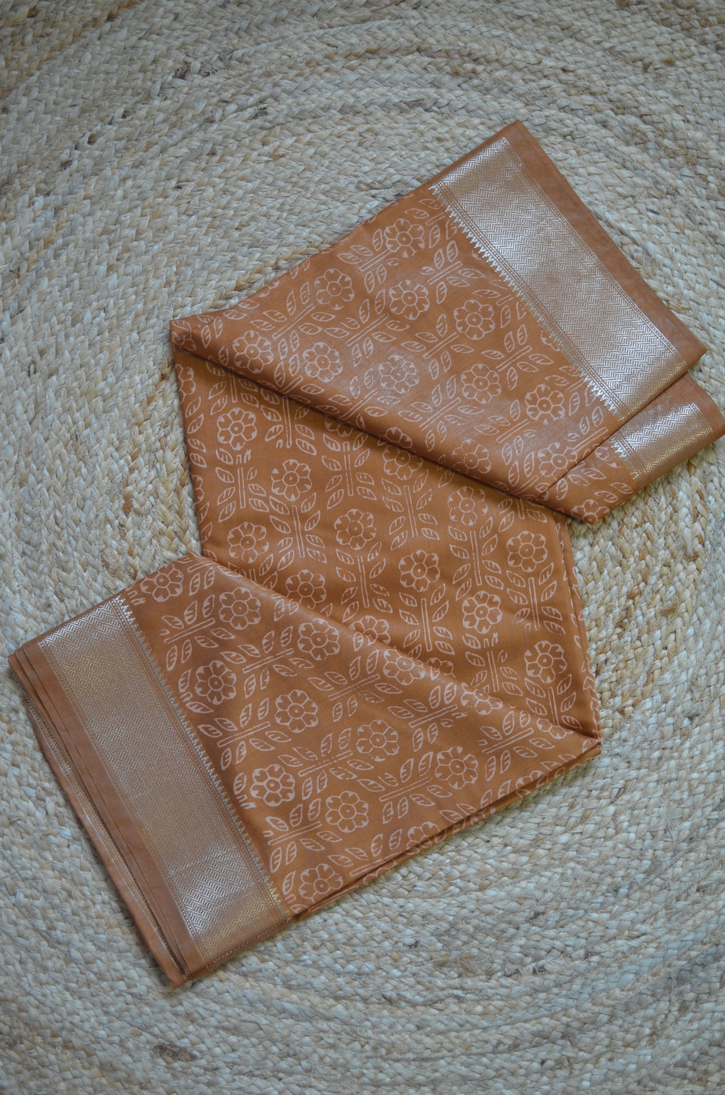 Ochre Block Print Maheshwari Vegan Silk Saree