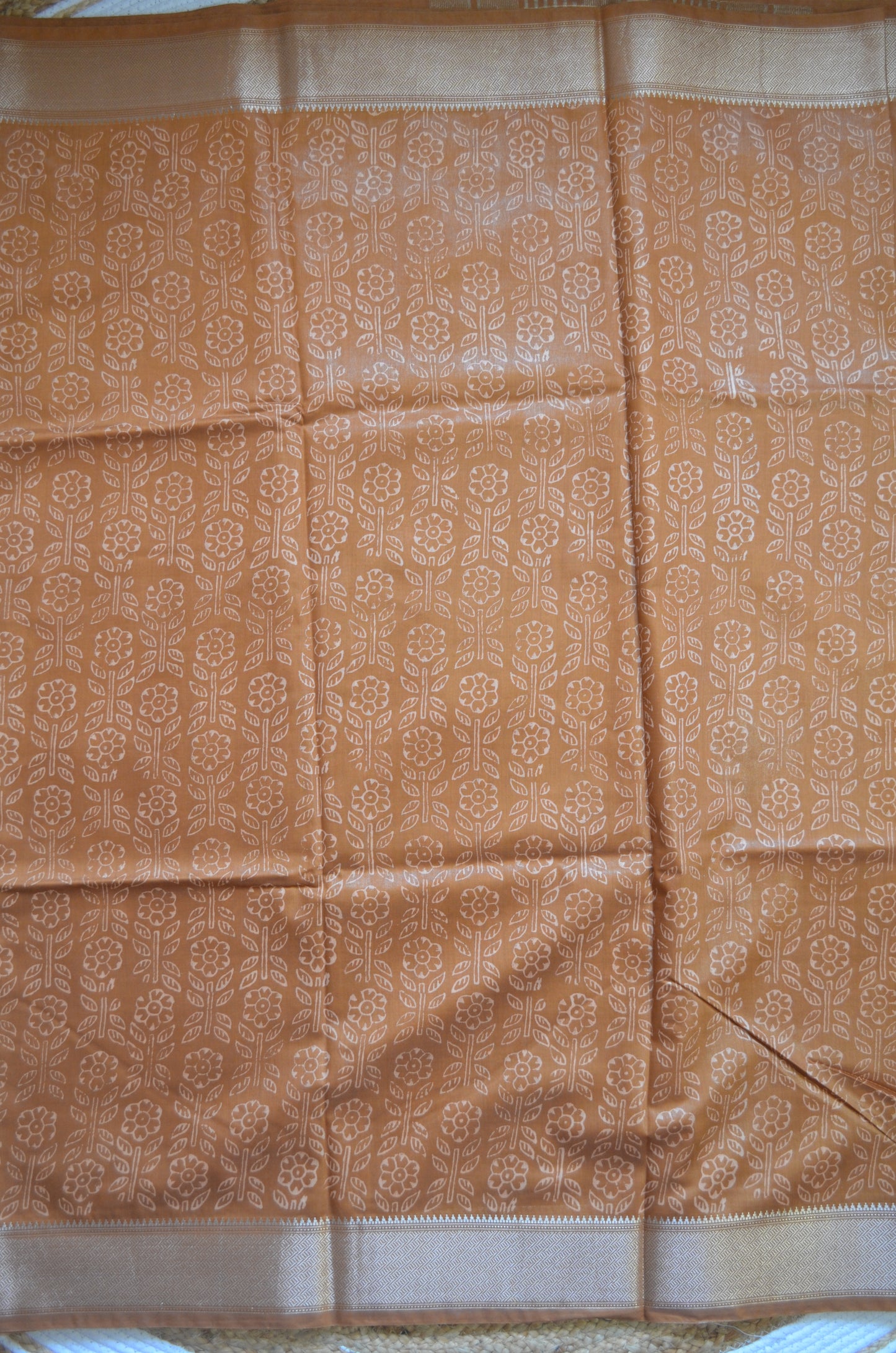 Ochre Block Print Maheshwari Vegan Silk Saree