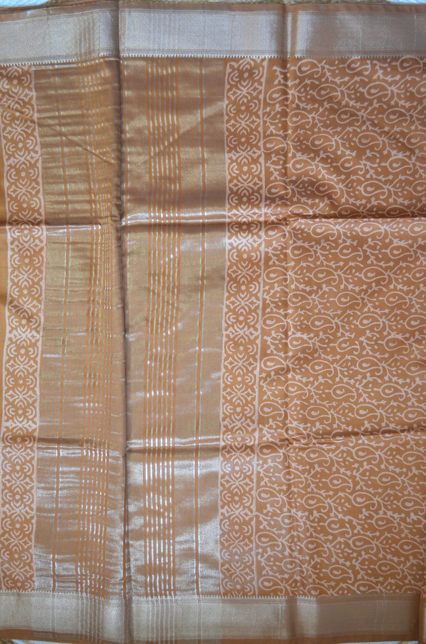 Ochre Block Print Maheshwari Vegan Silk Saree