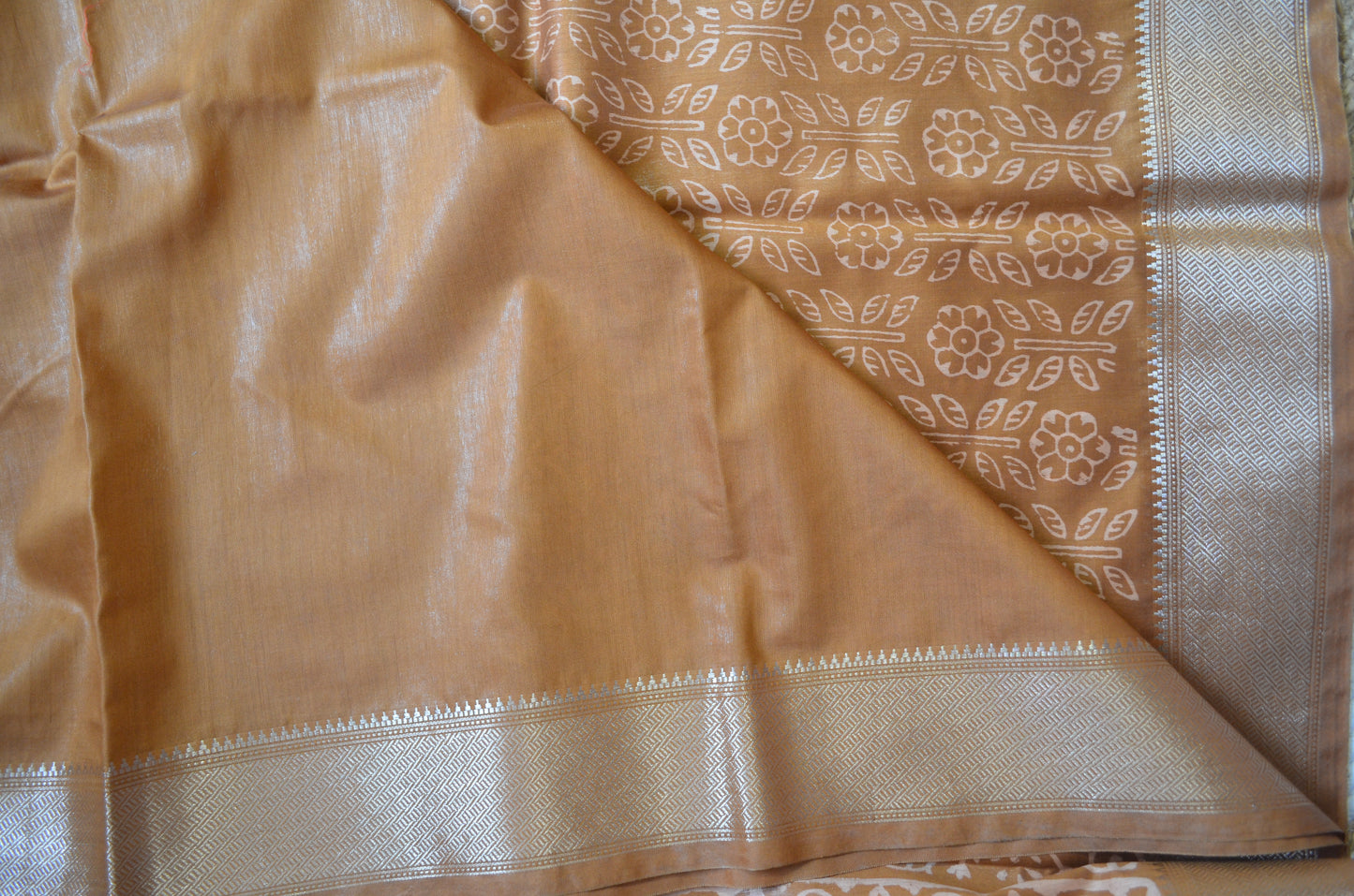 Ochre Block Print Maheshwari Vegan Silk Saree