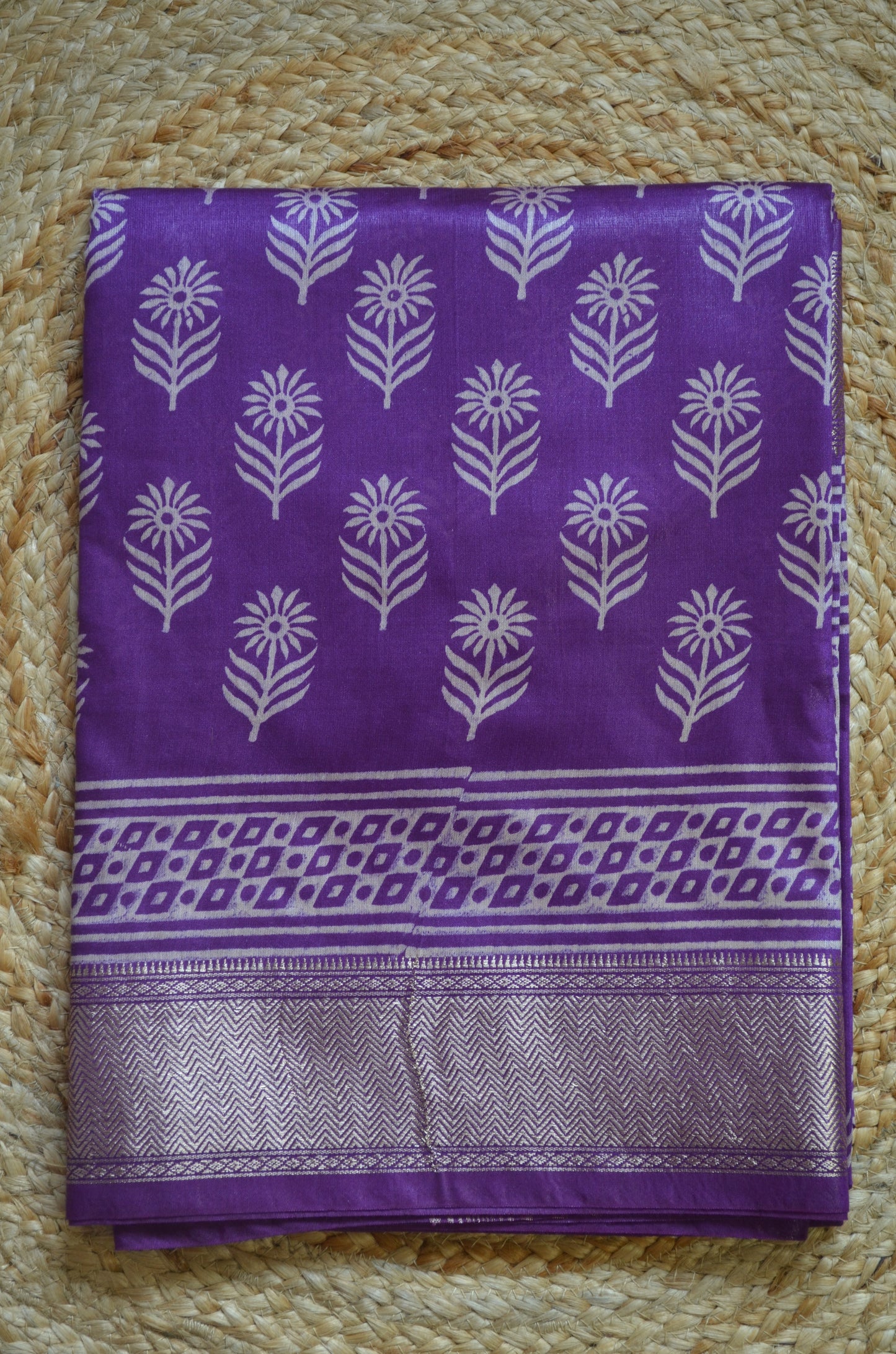 Violet Block Print Maheshwari Vegan Silk Saree