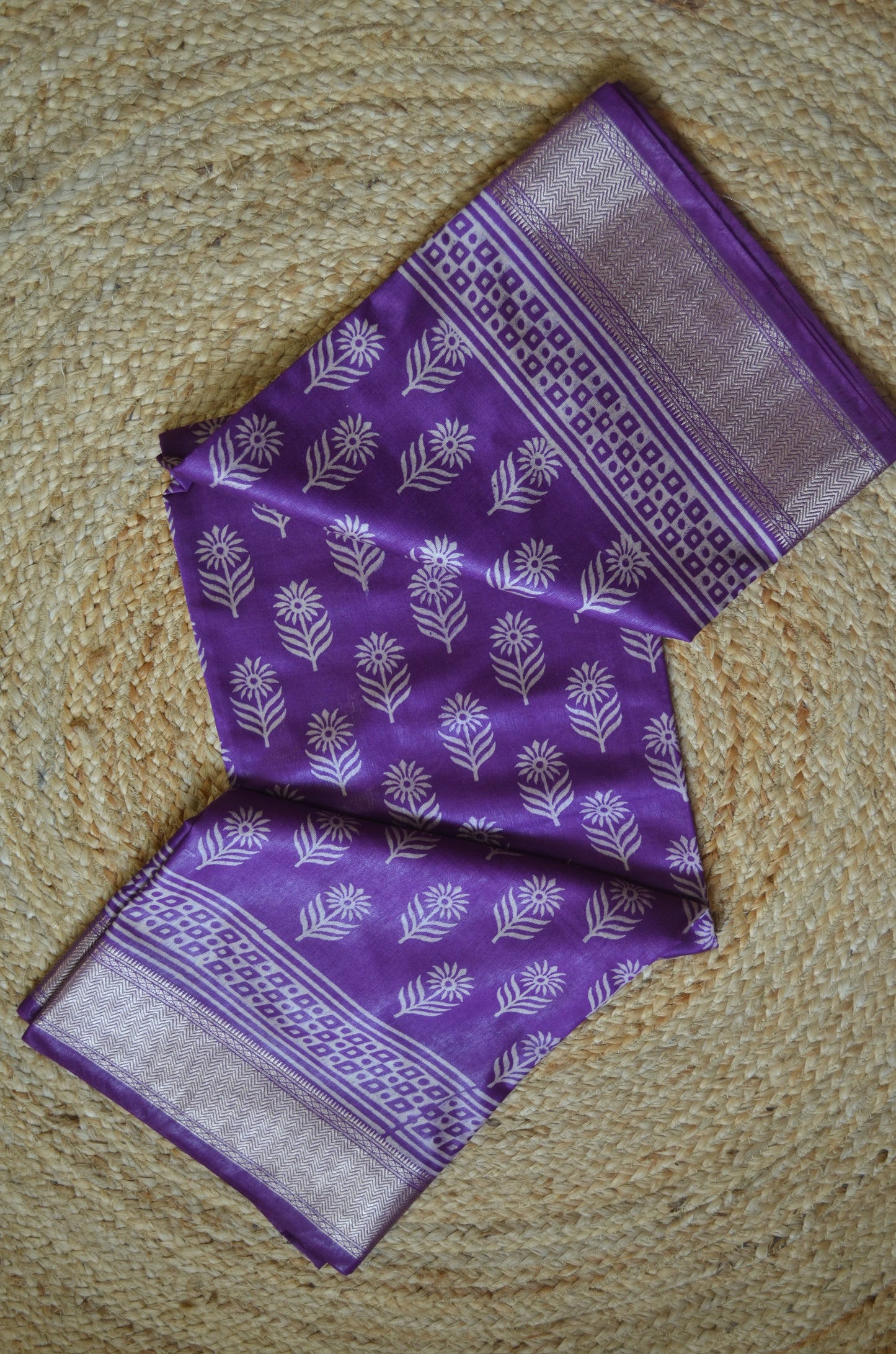 Violet Block Print Maheshwari Vegan Silk Saree