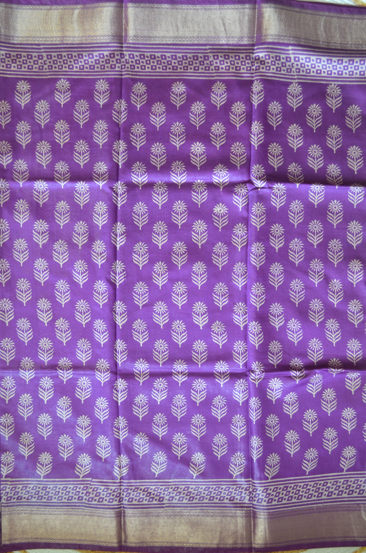 Violet Block Print Maheshwari Vegan Silk Saree
