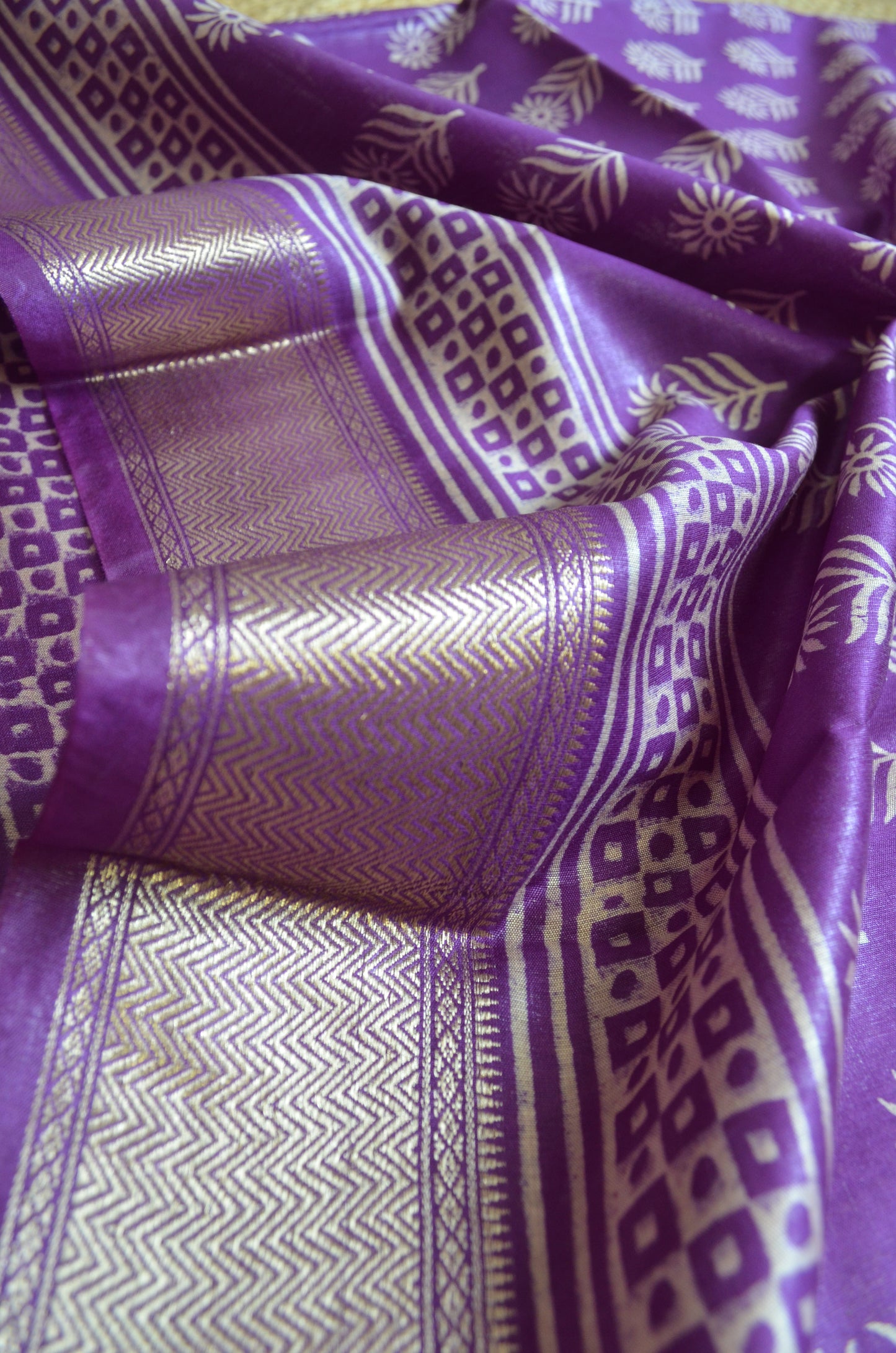Violet Block Print Maheshwari Vegan Silk Saree