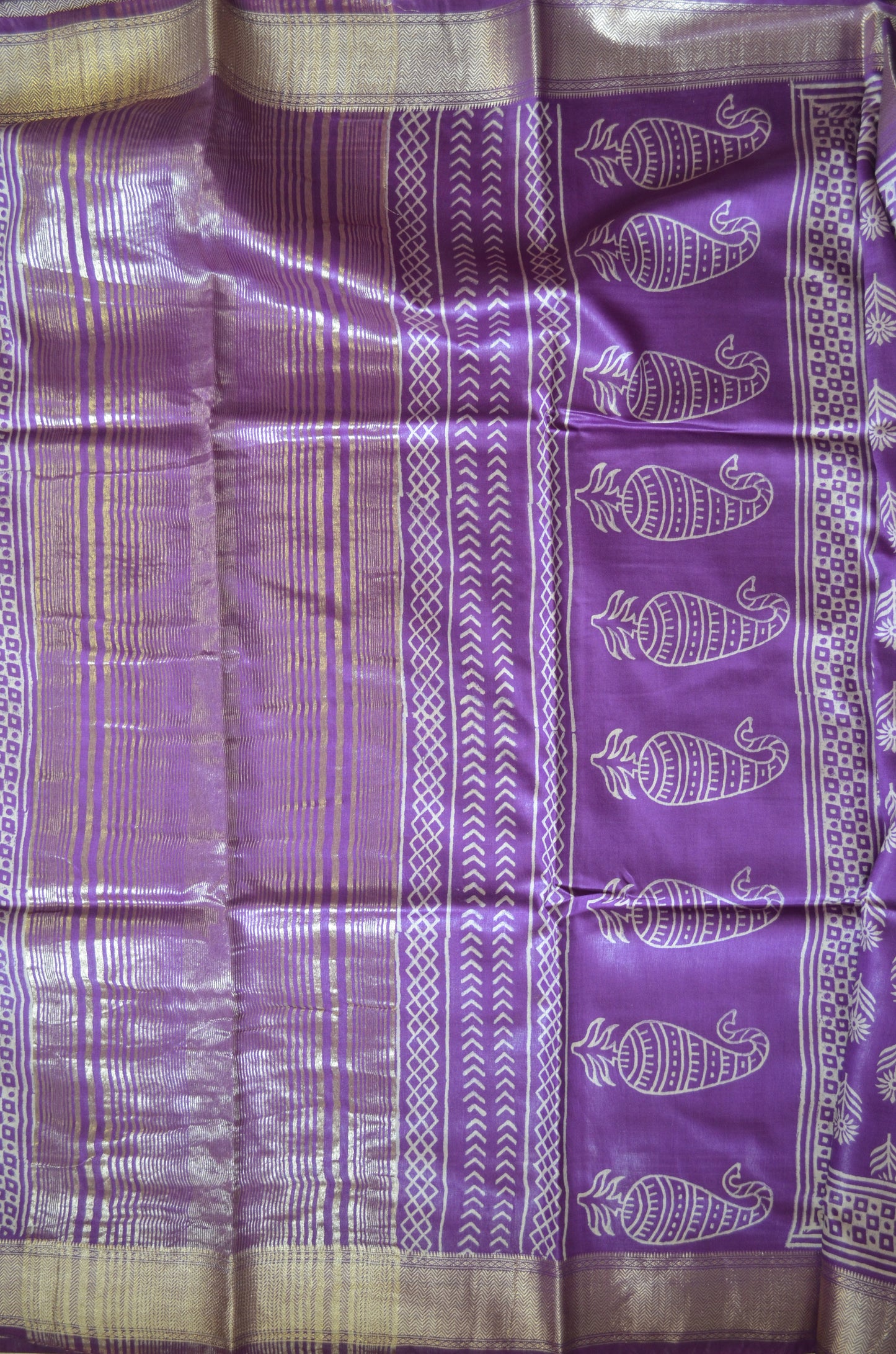 Violet Block Print Maheshwari Vegan Silk Saree