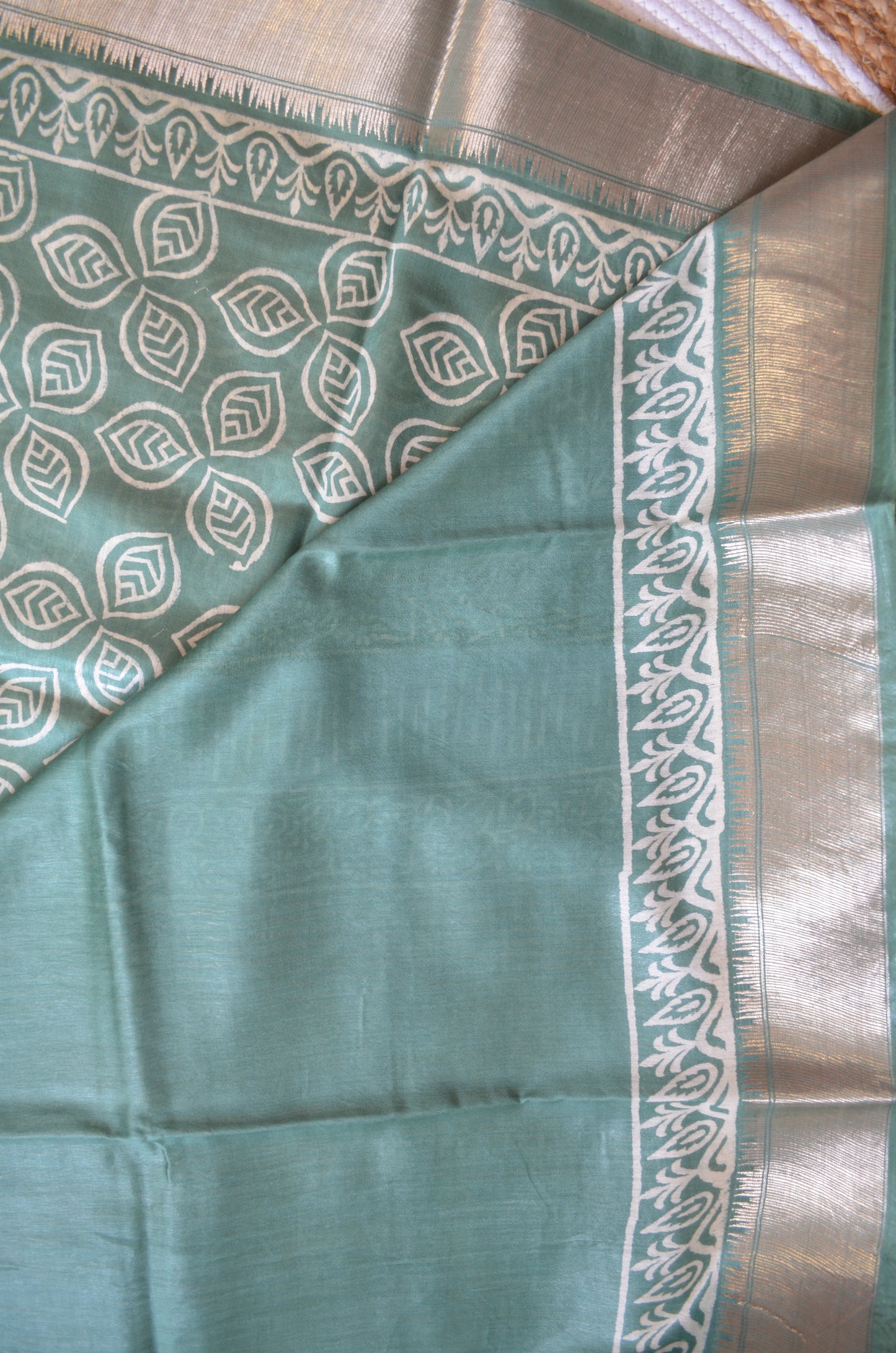 Bottle Green Block Print Maheshwari Vegan Silk Saree
