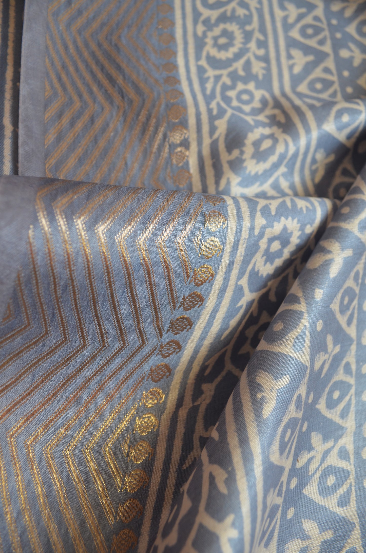 Grey Block Print Maheshwari Vegan Silk Saree