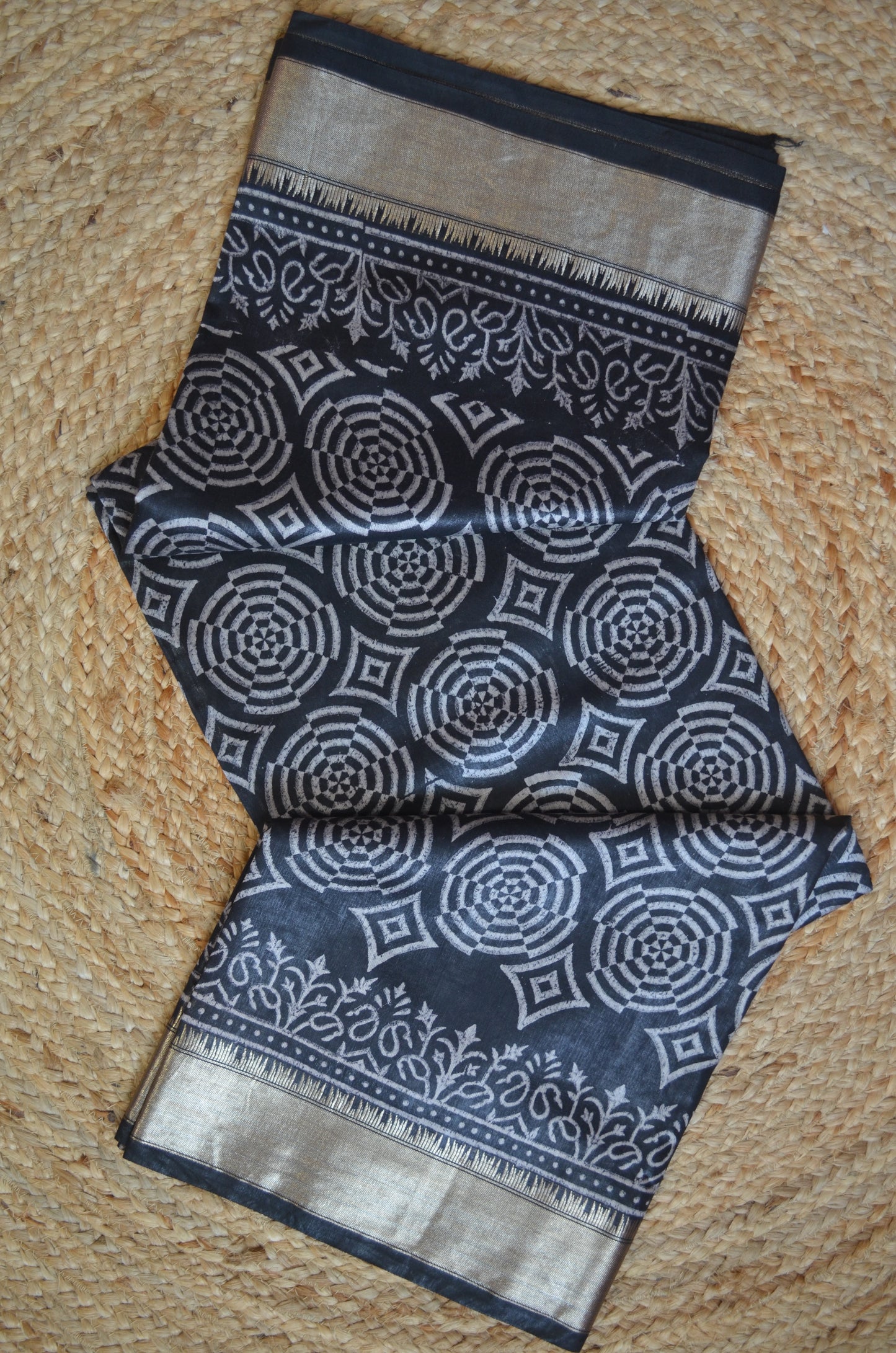 Black Block Print Maheshwari Vegan Silk Saree
