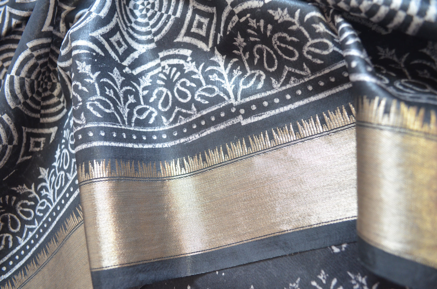 Black Block Print Maheshwari Vegan Silk Saree