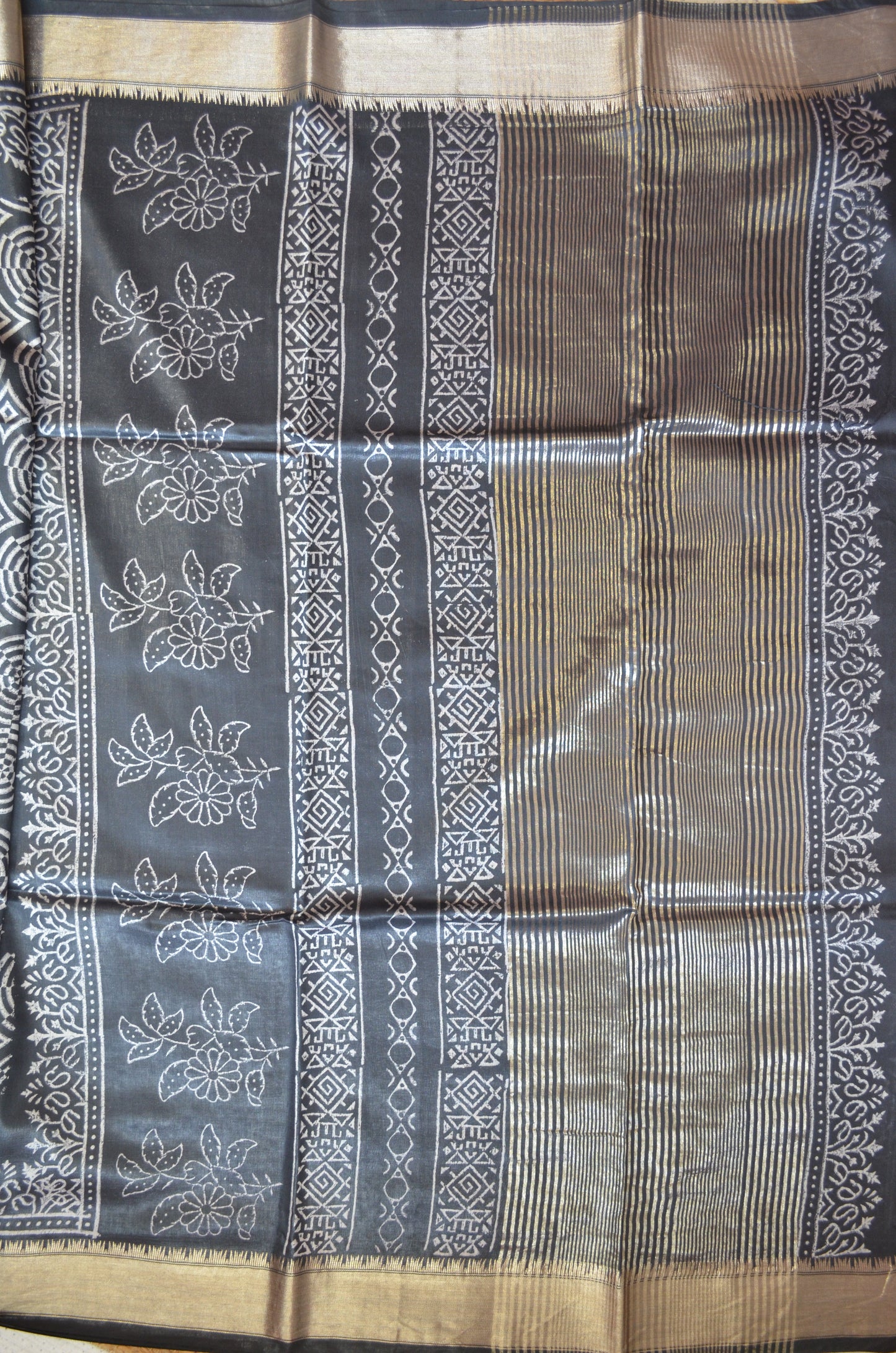 Black Block Print Maheshwari Vegan Silk Saree