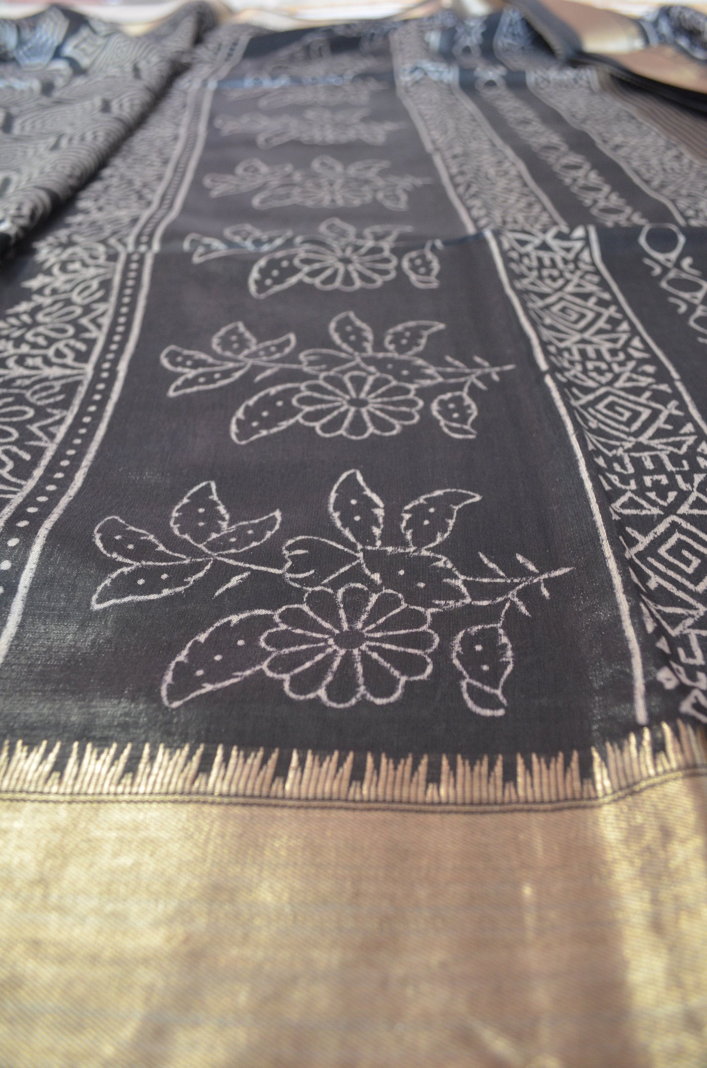 Black Block Print Maheshwari Vegan Silk Saree