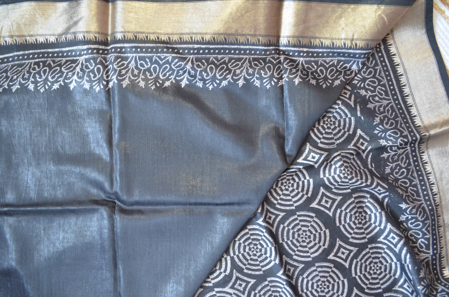 Black Block Print Maheshwari Vegan Silk Saree