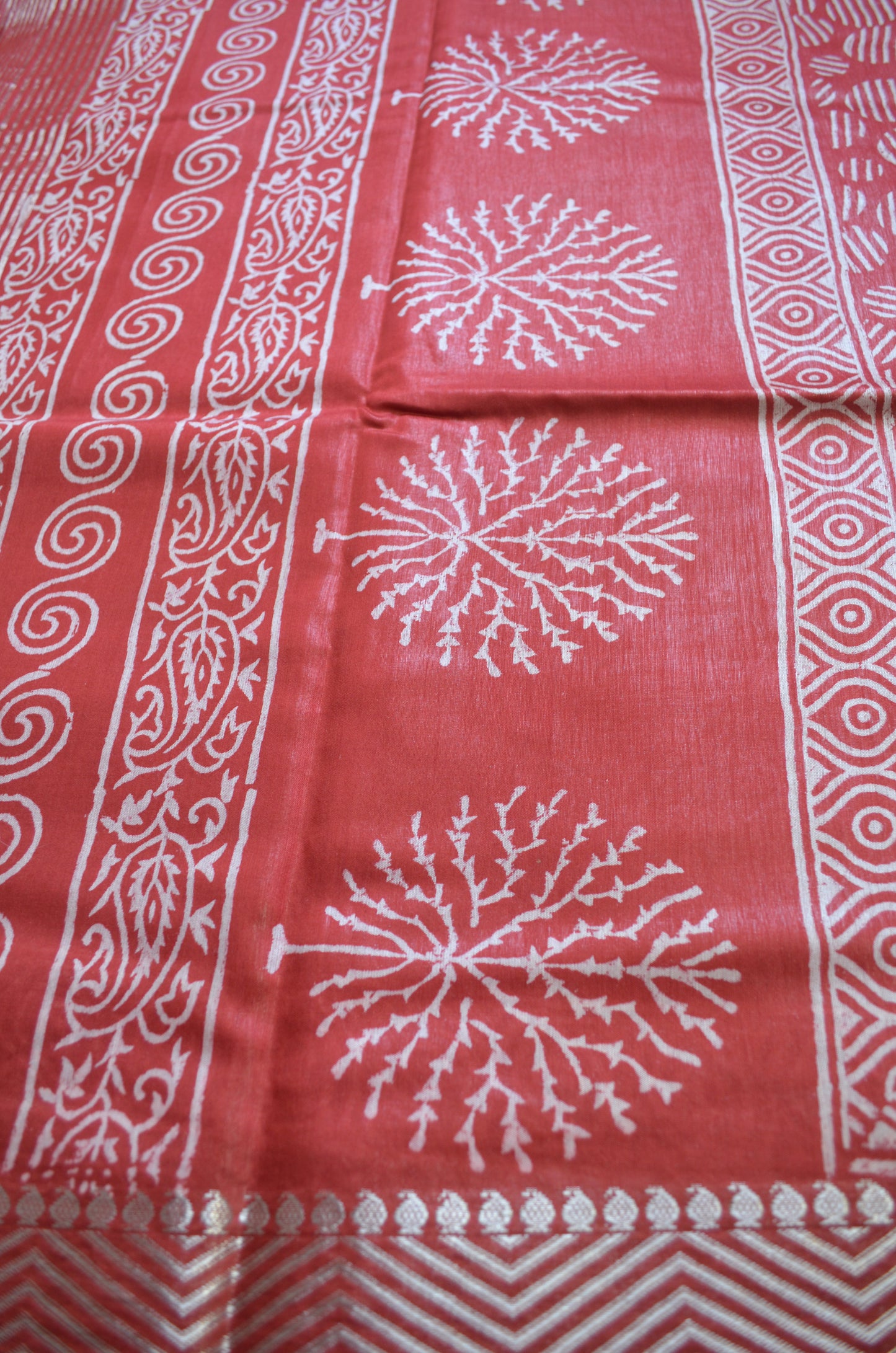 Maroon Block Print Maheshwari Vegan Silk Saree