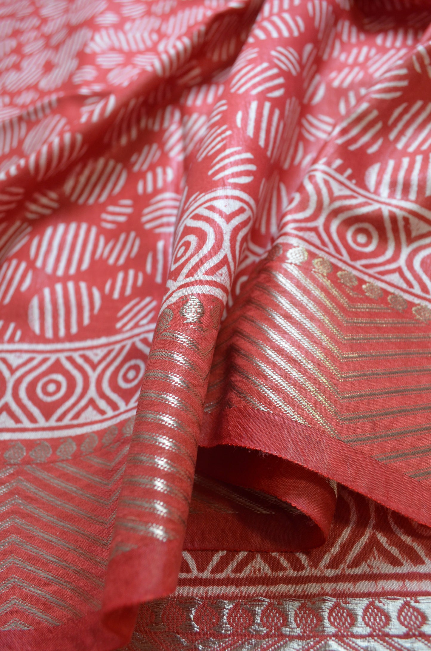 Maroon Block Print Maheshwari Vegan Silk Saree