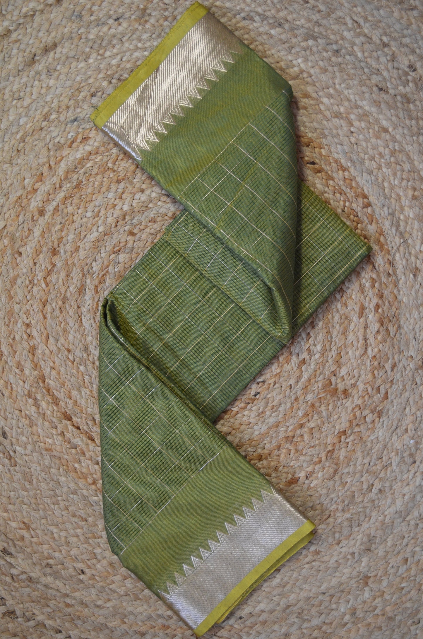 Green Yellow Mangalagiri Checks Cotton Silk Handloom Saree